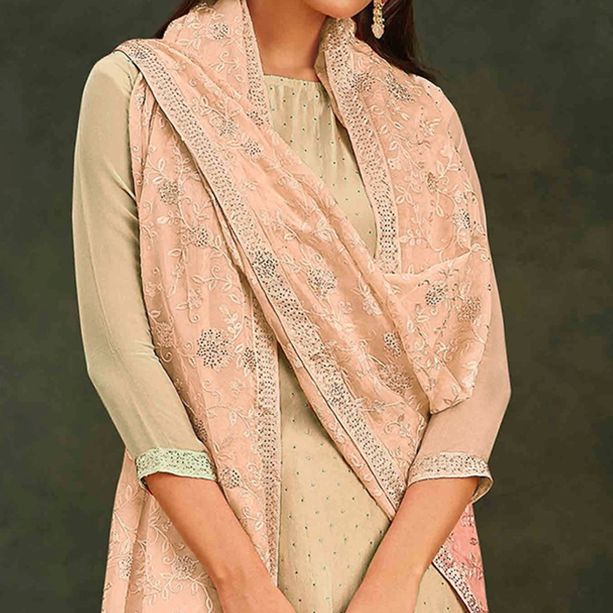 Peach Swarovski Work Organza Semi Stitched Salwar Suit
