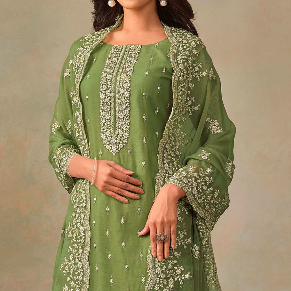 Green Floral Sequins Embroidered Organza Semi Stitched Salwar Suit