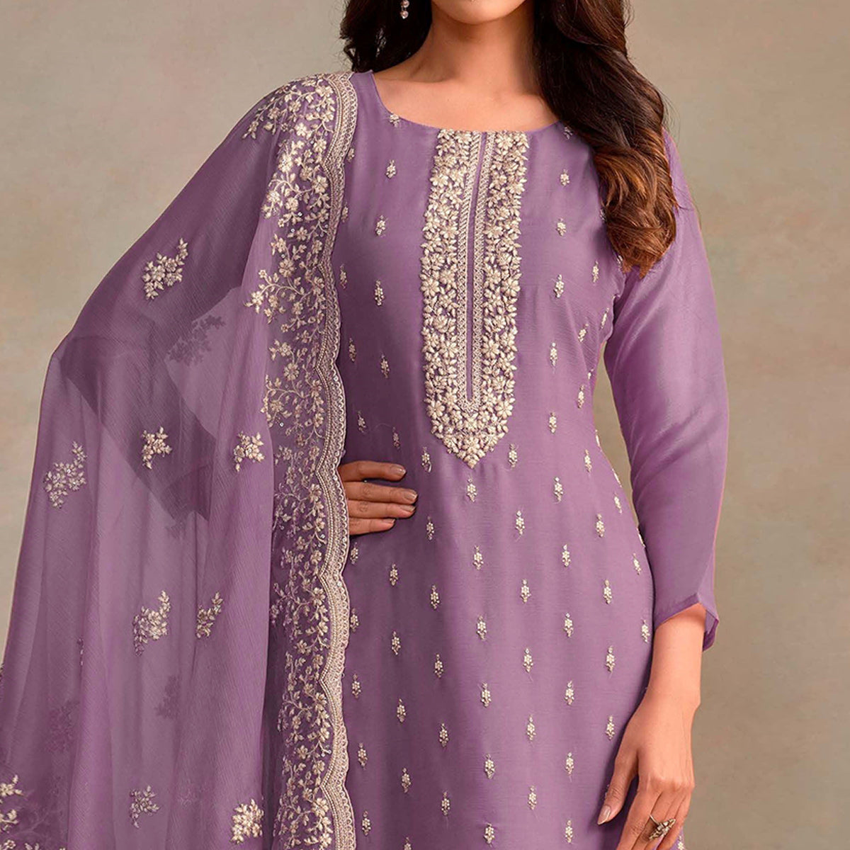 Lavender Floral Sequins Embroidered Organza Semi Stitched Salwar Suit