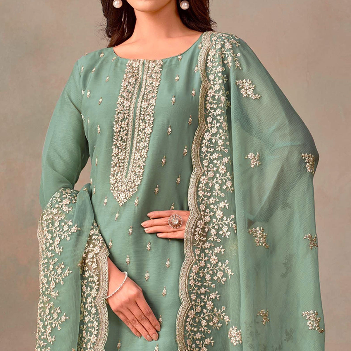 Green Floral Sequins Embroidered Organza Semi Stitched Salwar Suit