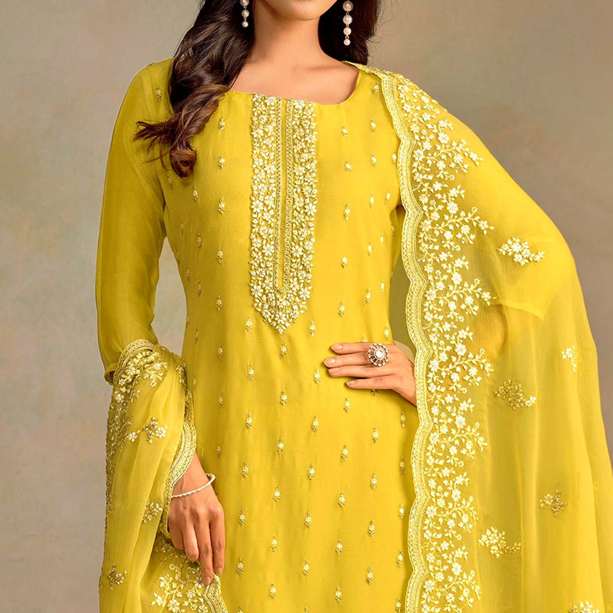 Yellow Floral Sequins Embroidered Organza Semi Stitched Salwar Suit