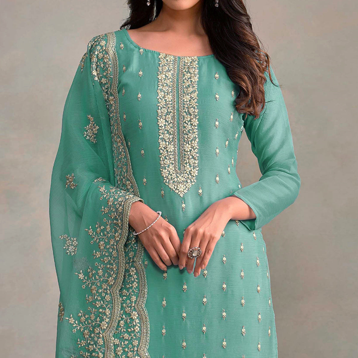 Turquoise Floral Sequins Embroidered Organza Semi Stitched Salwar Suit