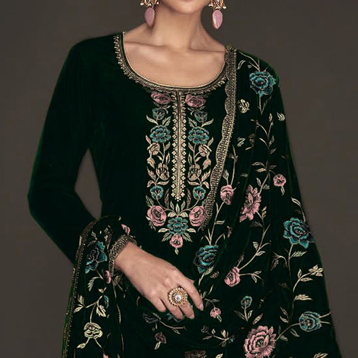 Green Floral Embroidered Velvet Semi Stitched Suit