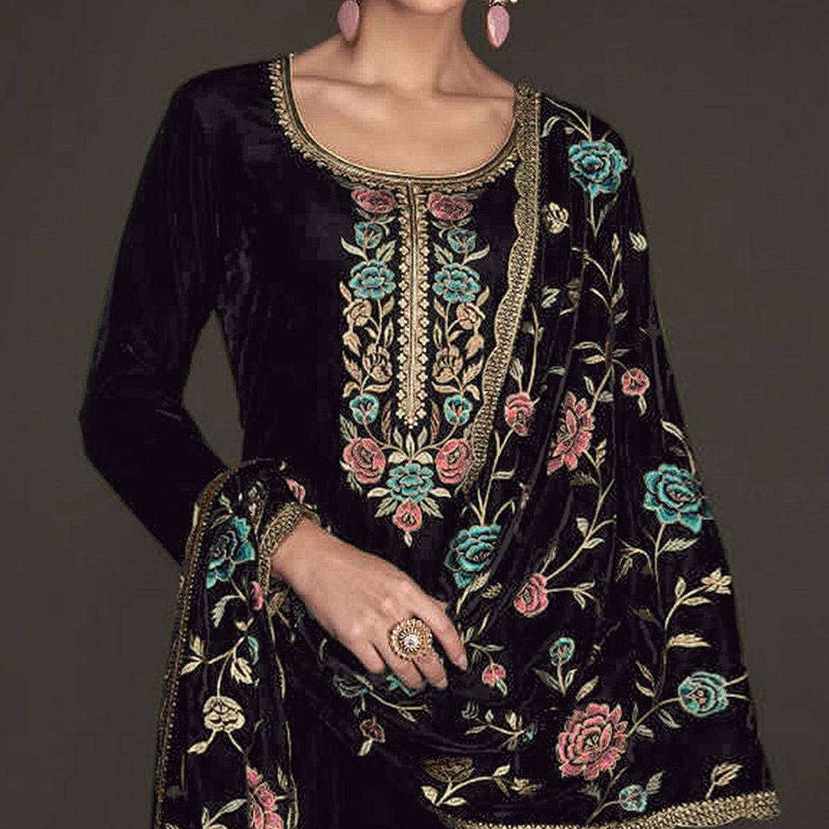 Black Floral Embroidered Velvet Semi Stitched Suit