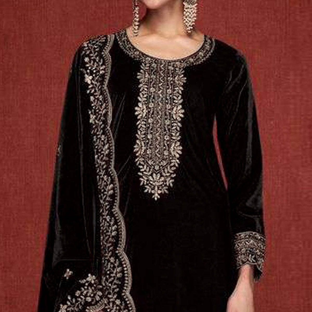 Black Floral Embroidered Velvet Semi Stitched Suit