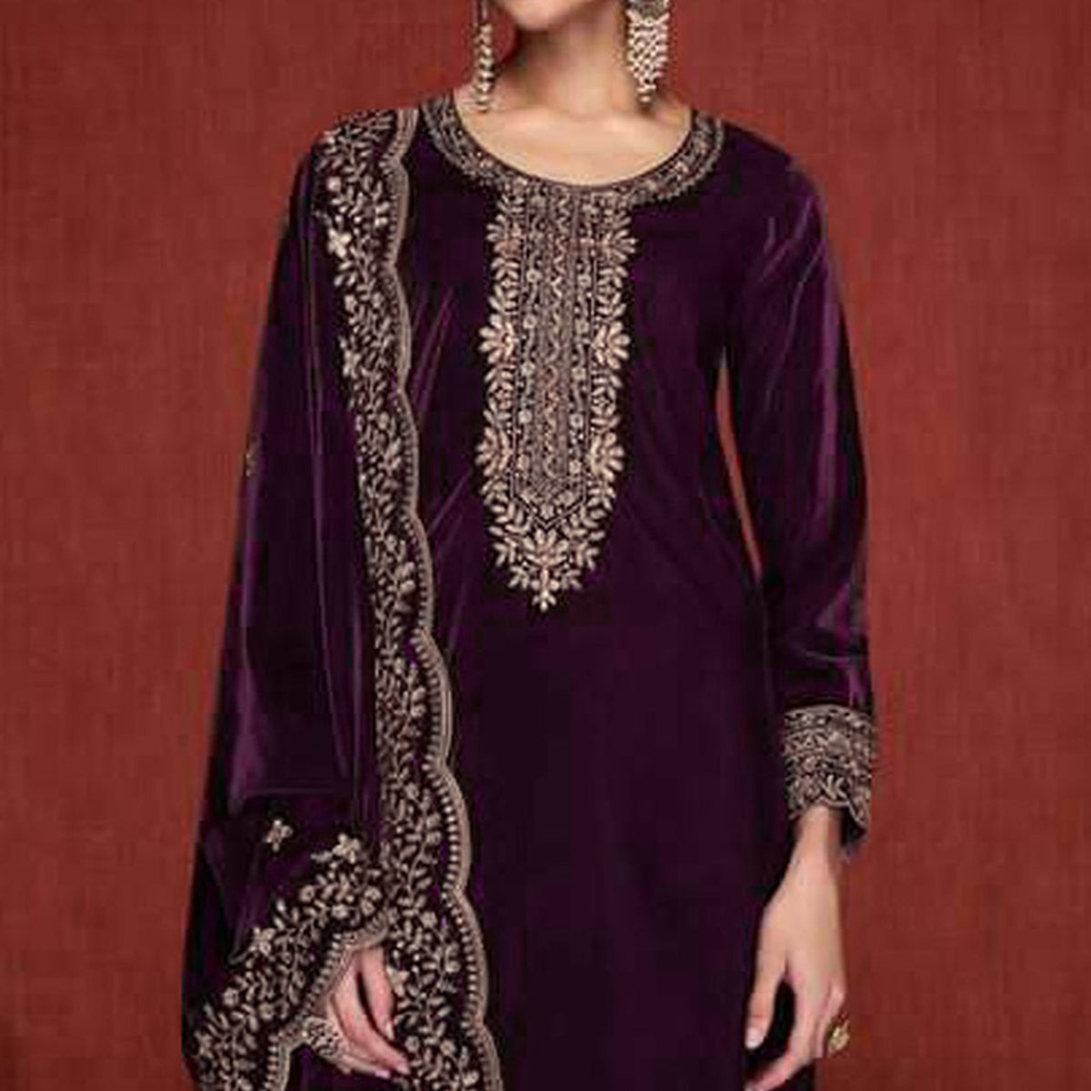 Purple Floral Embroidered Velvet Semi Stitched Suit