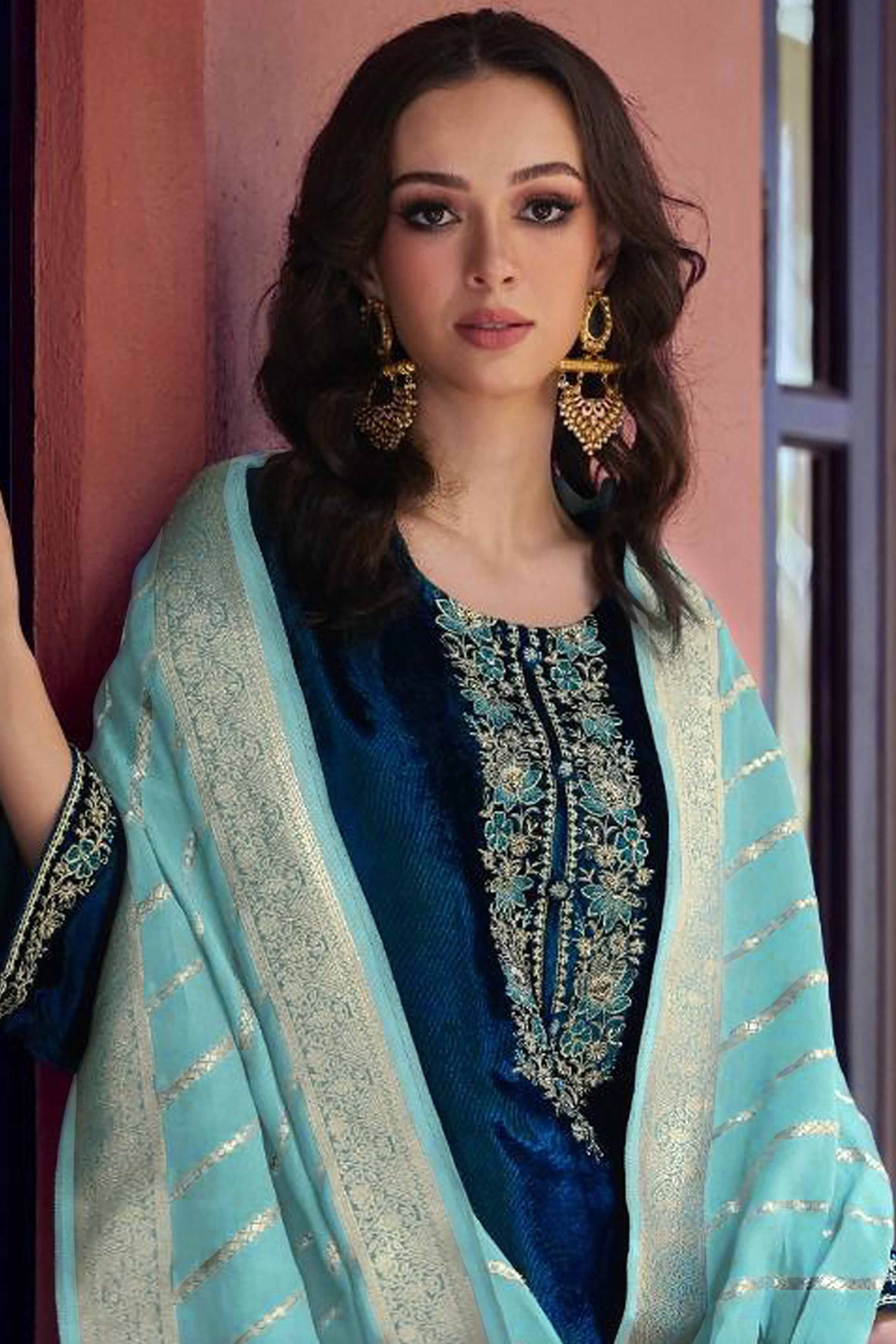 Teal Embroidered Velvet Semi-Stitched Salwar Suit