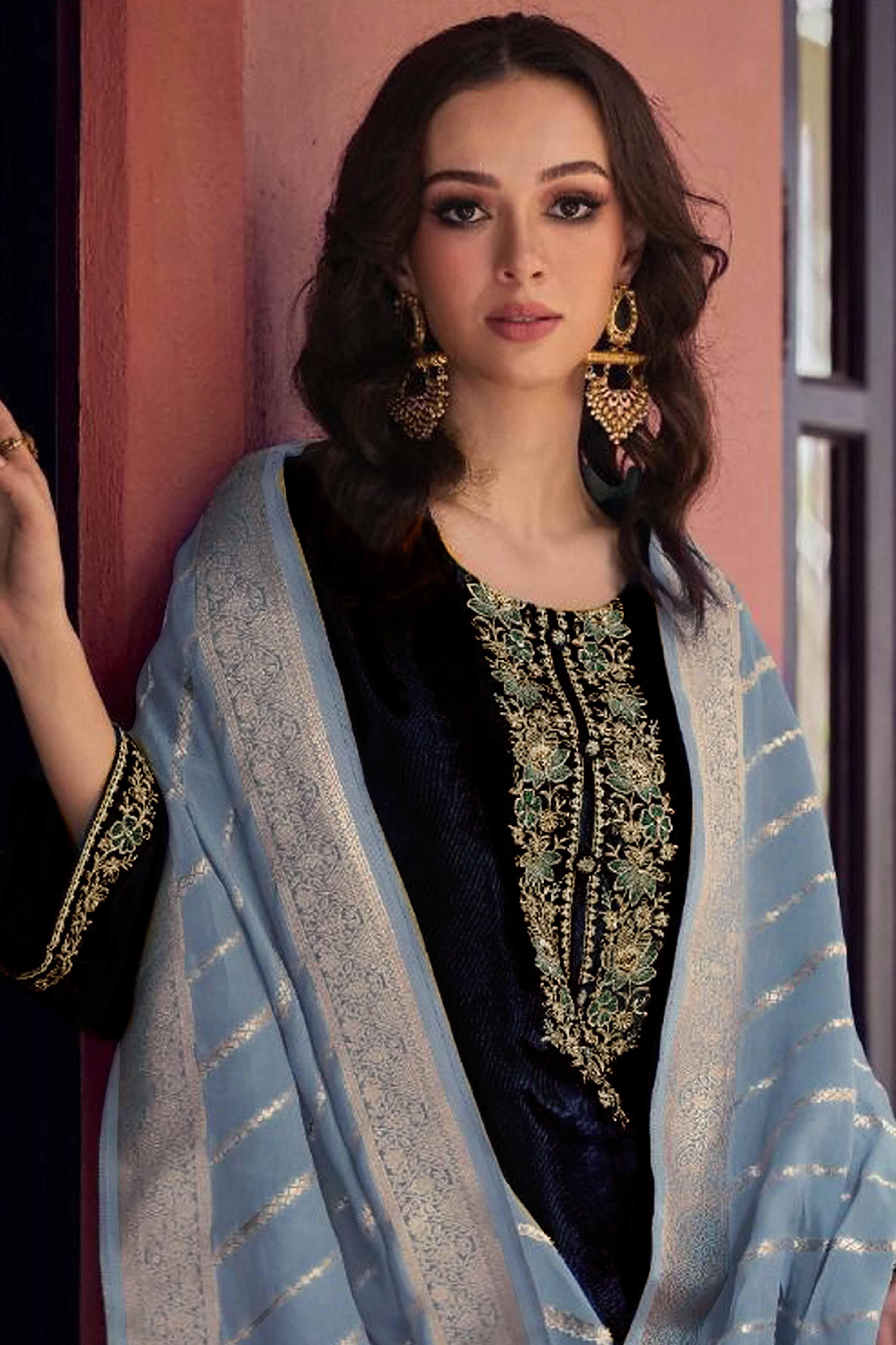 Navy Blue Embroidered Velvet Semi-Stitched Salwar Suit