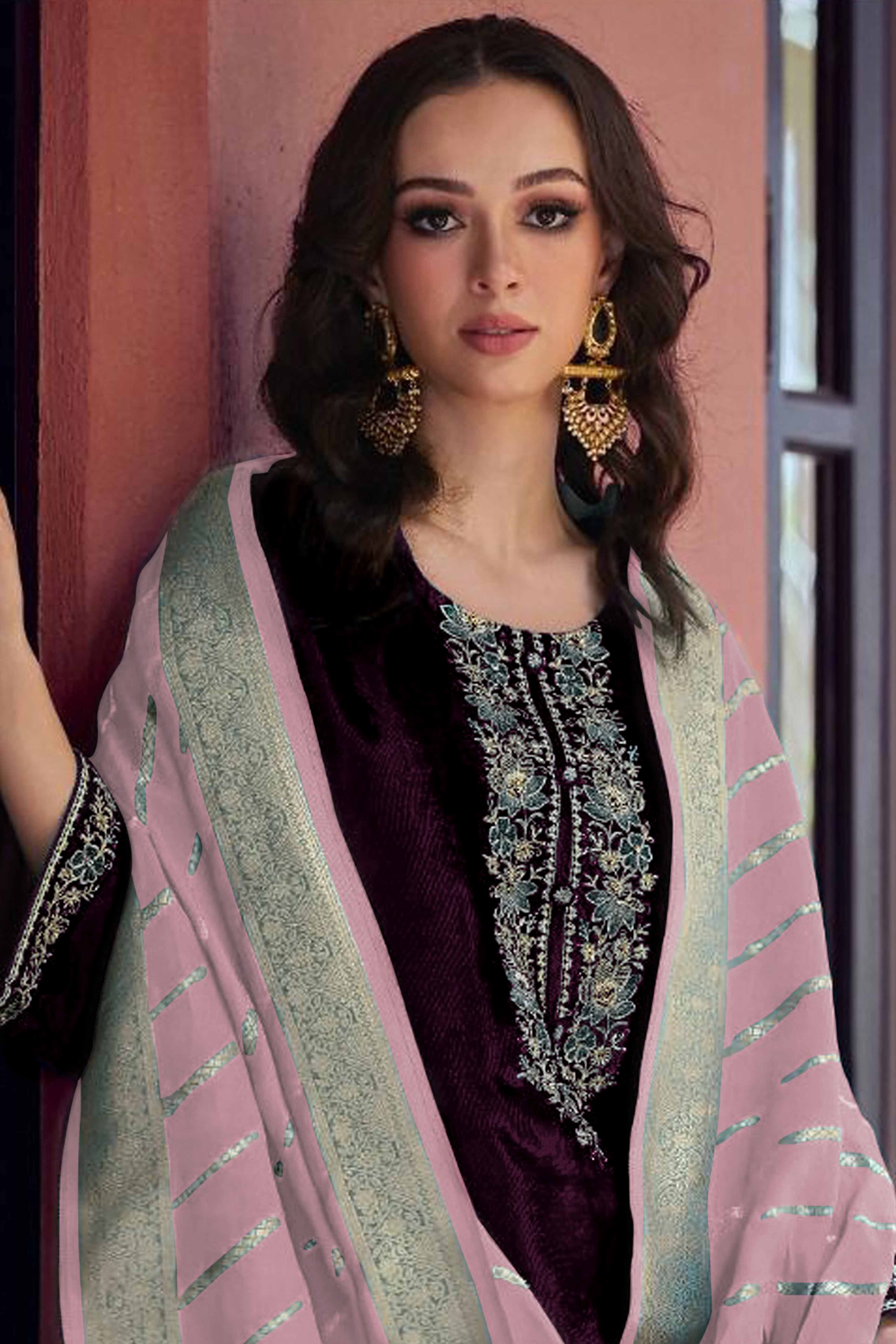 Purple Embroidered Velvet Semi-Stitched Salwar Suit