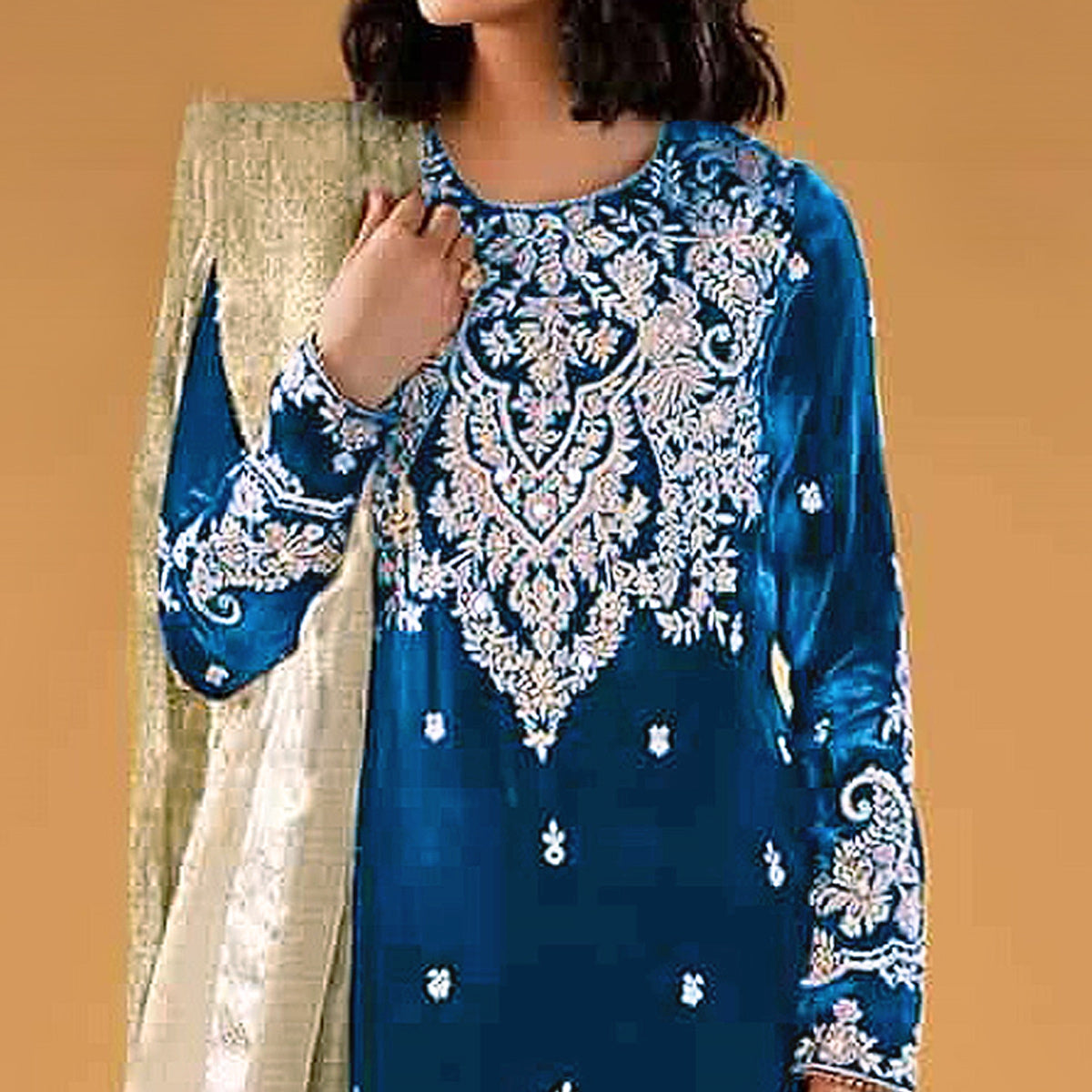 Morpich Floral Embroidered Velvet Semi Stitched Suit