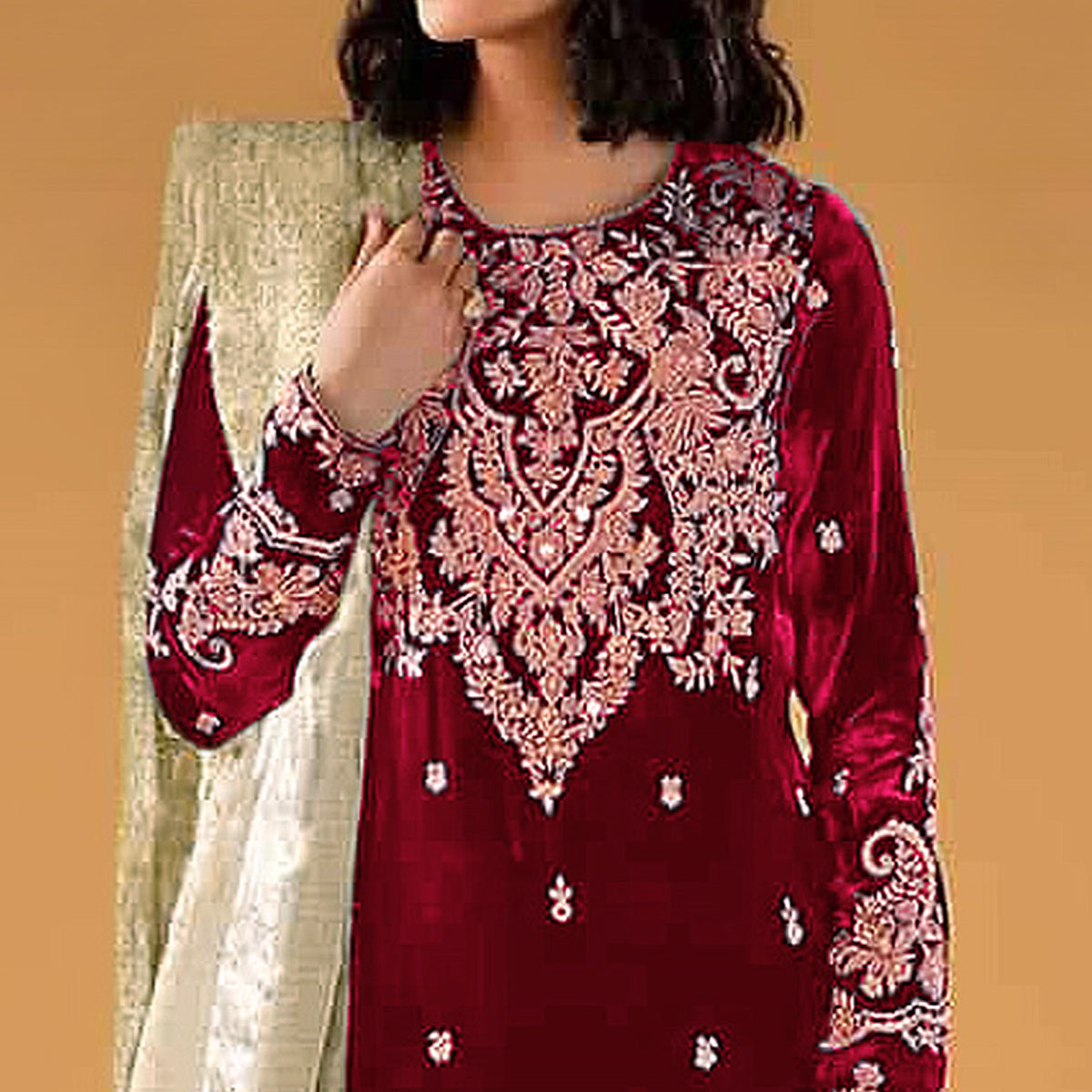 Maroon Floral Embroidered Velvet Semi Stitched Suit