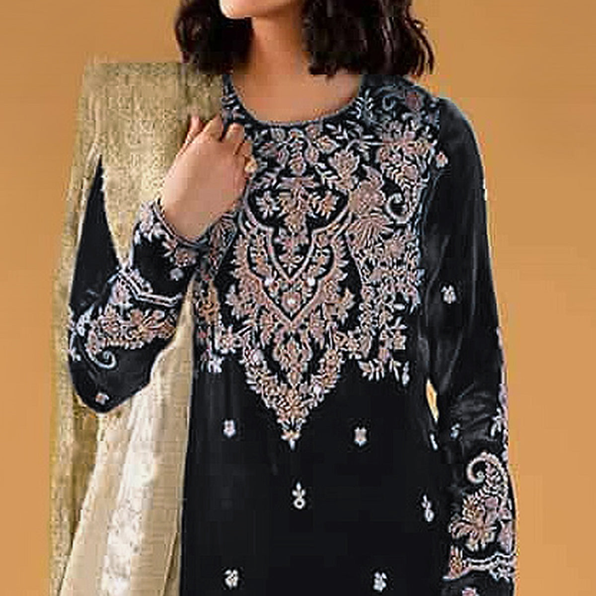 Black Floral Embroidered Velvet Semi Stitched Suit