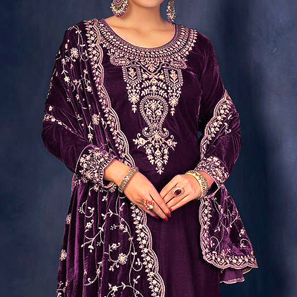 Purple Floral Sequins Embroidered Velvet Semi Stitched Suit