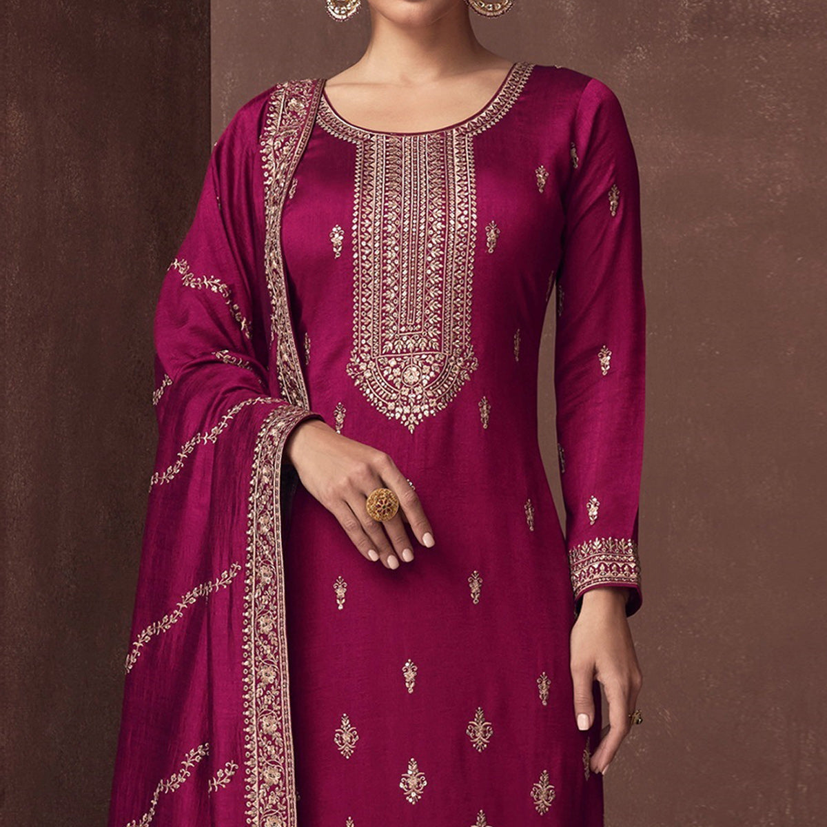Rani Pink Floral Embroidered Art Silk Semi Stitched Suit
