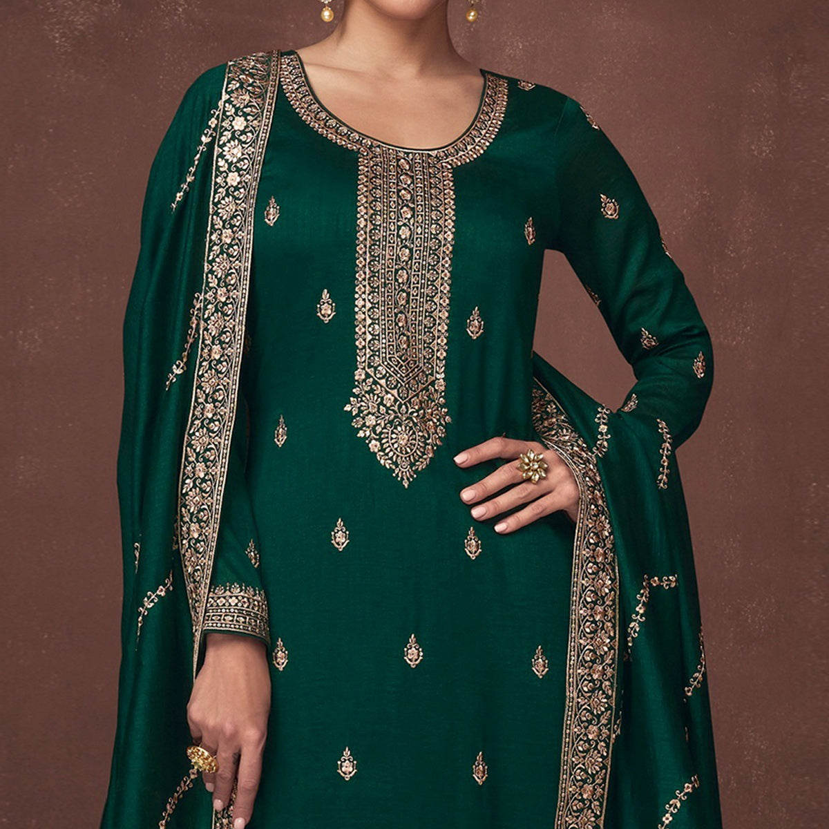 Green Floral Embroidered Art Silk Semi Stitched Suit