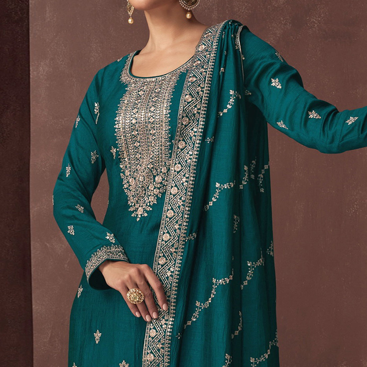 Rama Blue Floral Embroidered Art Silk Semi Stitched Suit