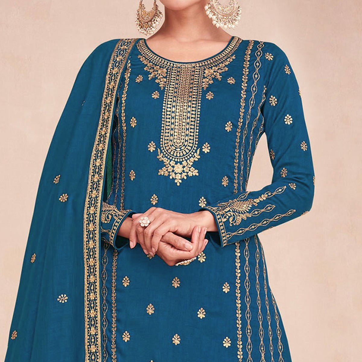 Teal Floral Embroidered Art Silk Semi Stitched Palazzo Suit