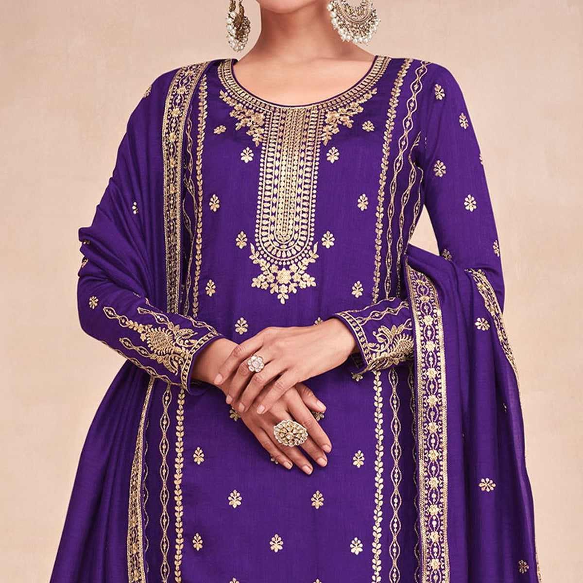 Purple Floral Embroidered Art Silk Semi Stitched Palazzo Suit
