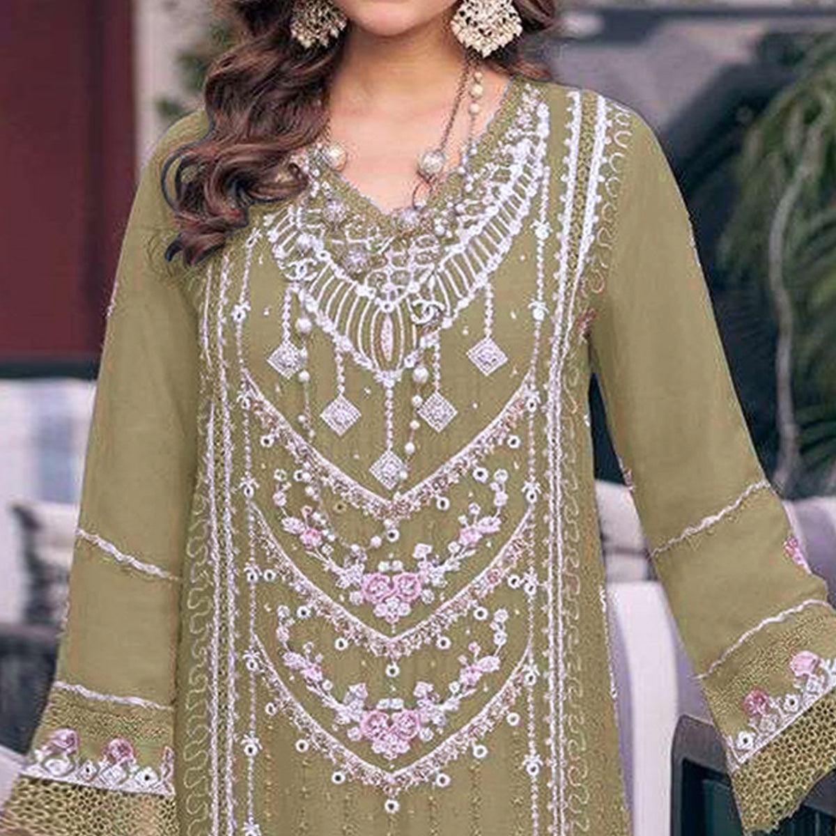 Olive Embroidered Georgette Semi-Stitched Pakistani Dress Material