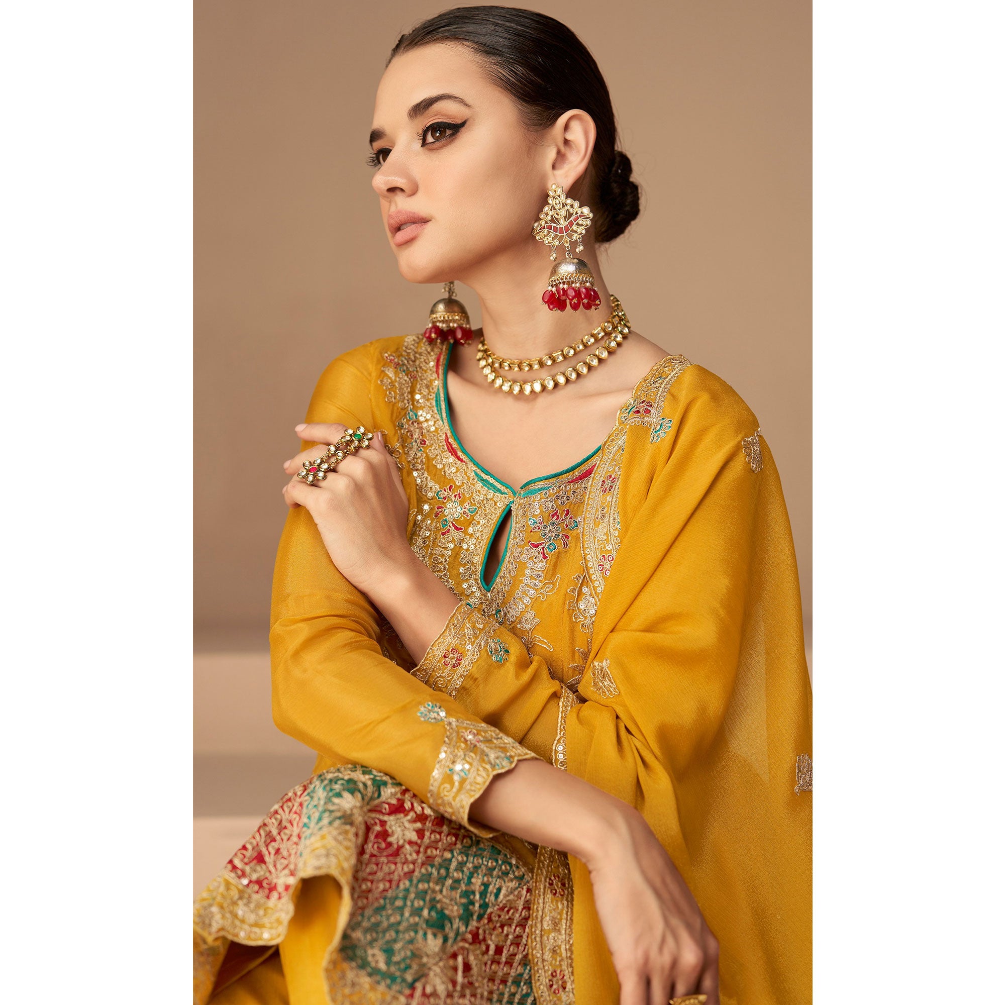 Yellow Floral Embroidered Georgette Semi Stitched Suit