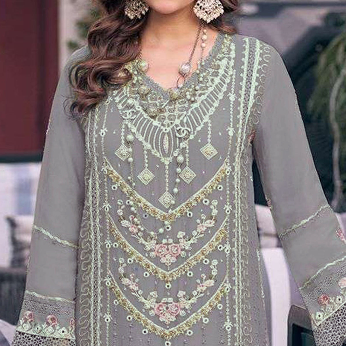 Light Lavender Embroidered Georgette Semi-Stitched Pakistani Dress Material