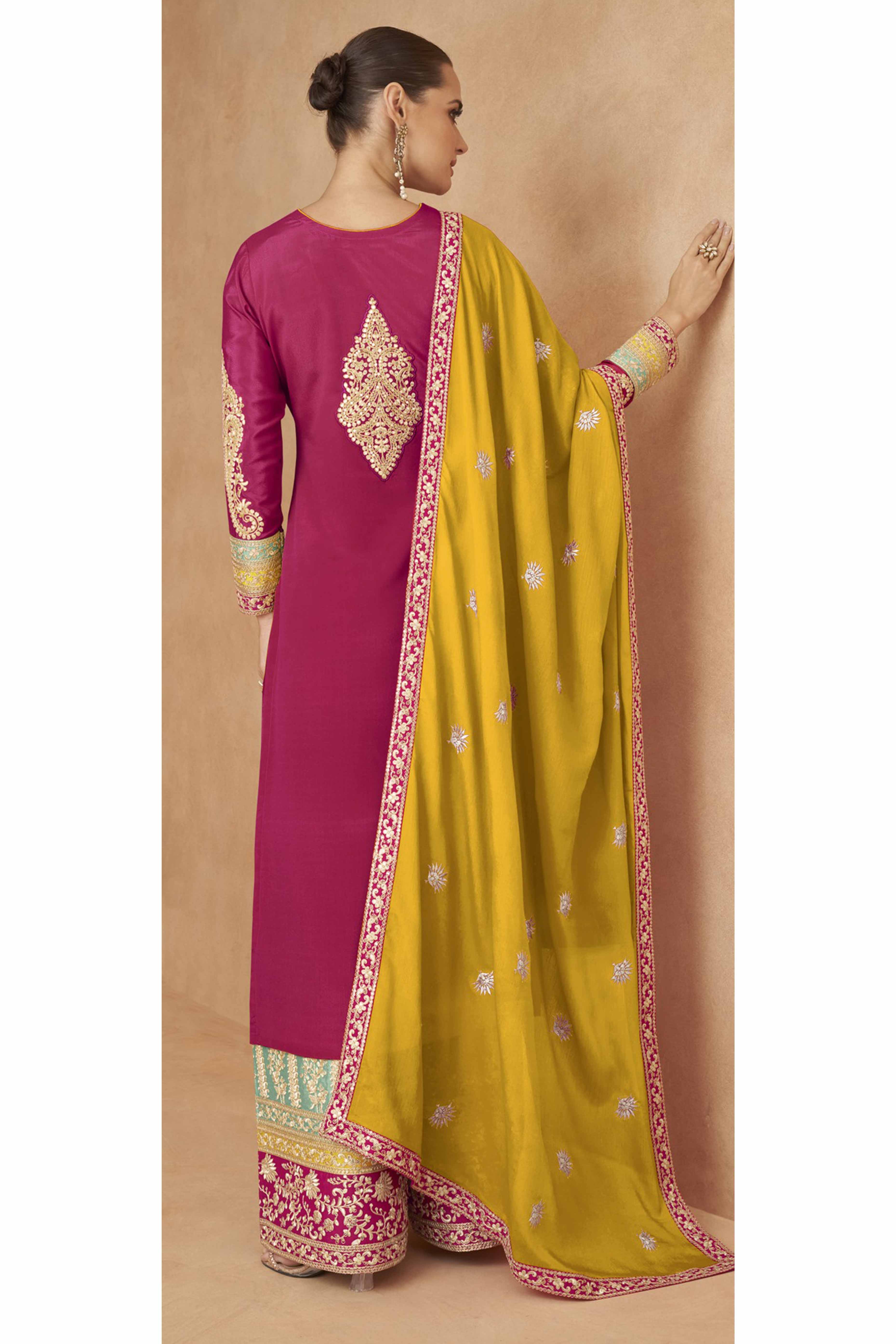 Pink Embroidered Sequins Work Chinon Semi-Stitched Salwar Suit