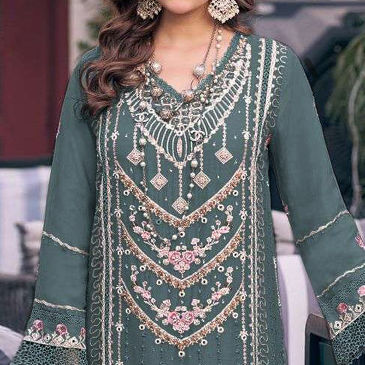 Bluish Grey Embroidered Georgette Semi-Stitched Pakistani Dress Material