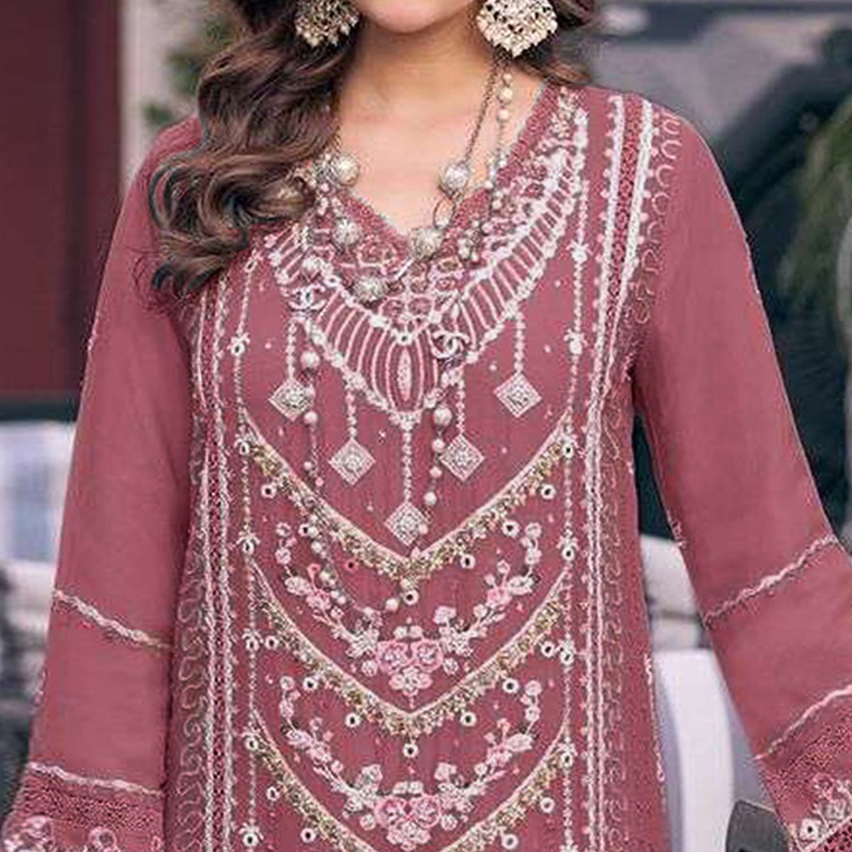 Dusty Pink Embroidered Georgette Semi-Stitched Pakistani Dress Material