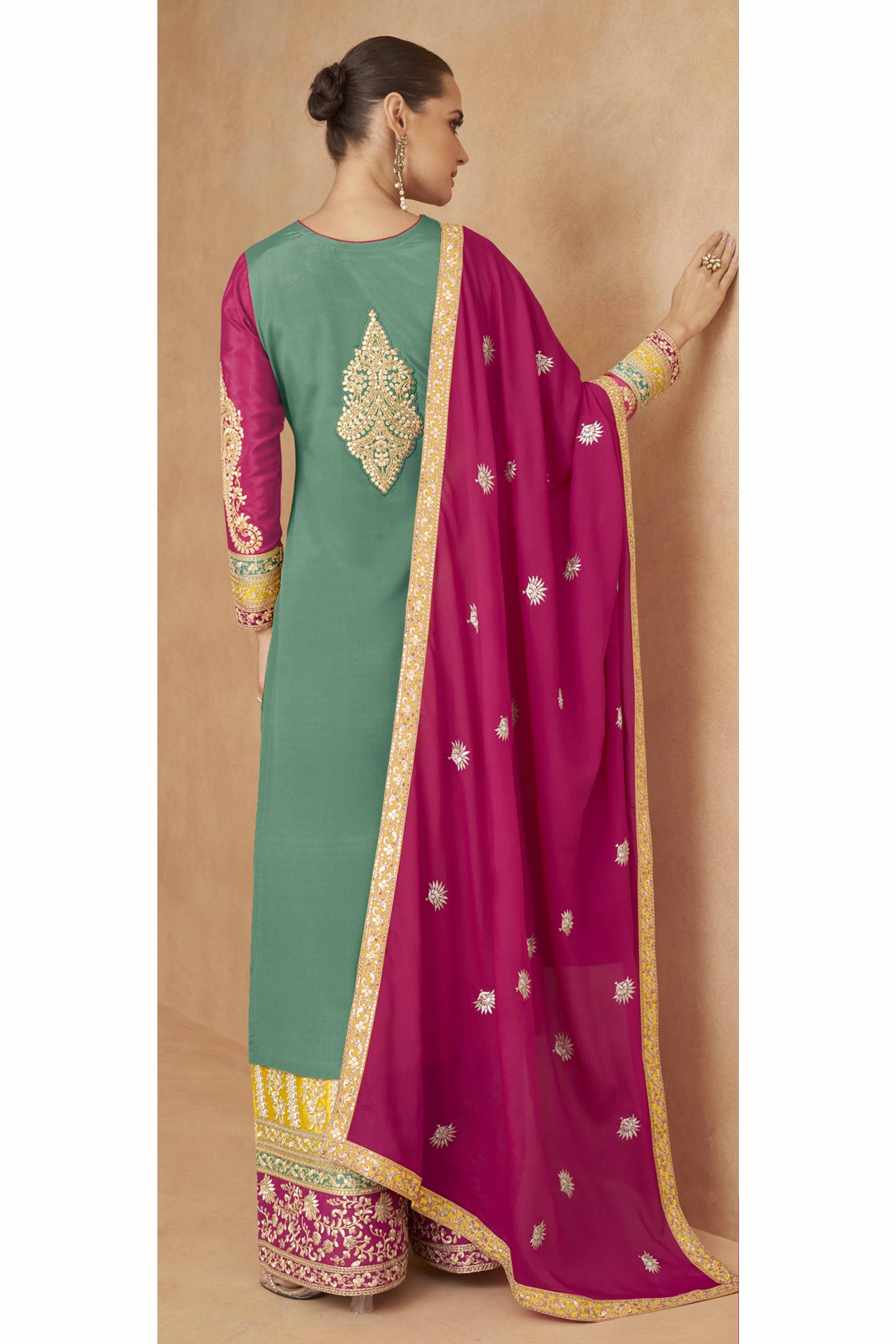 Green Embroidered Sequins Work Chinon Semi-Stitched Salwar Suit