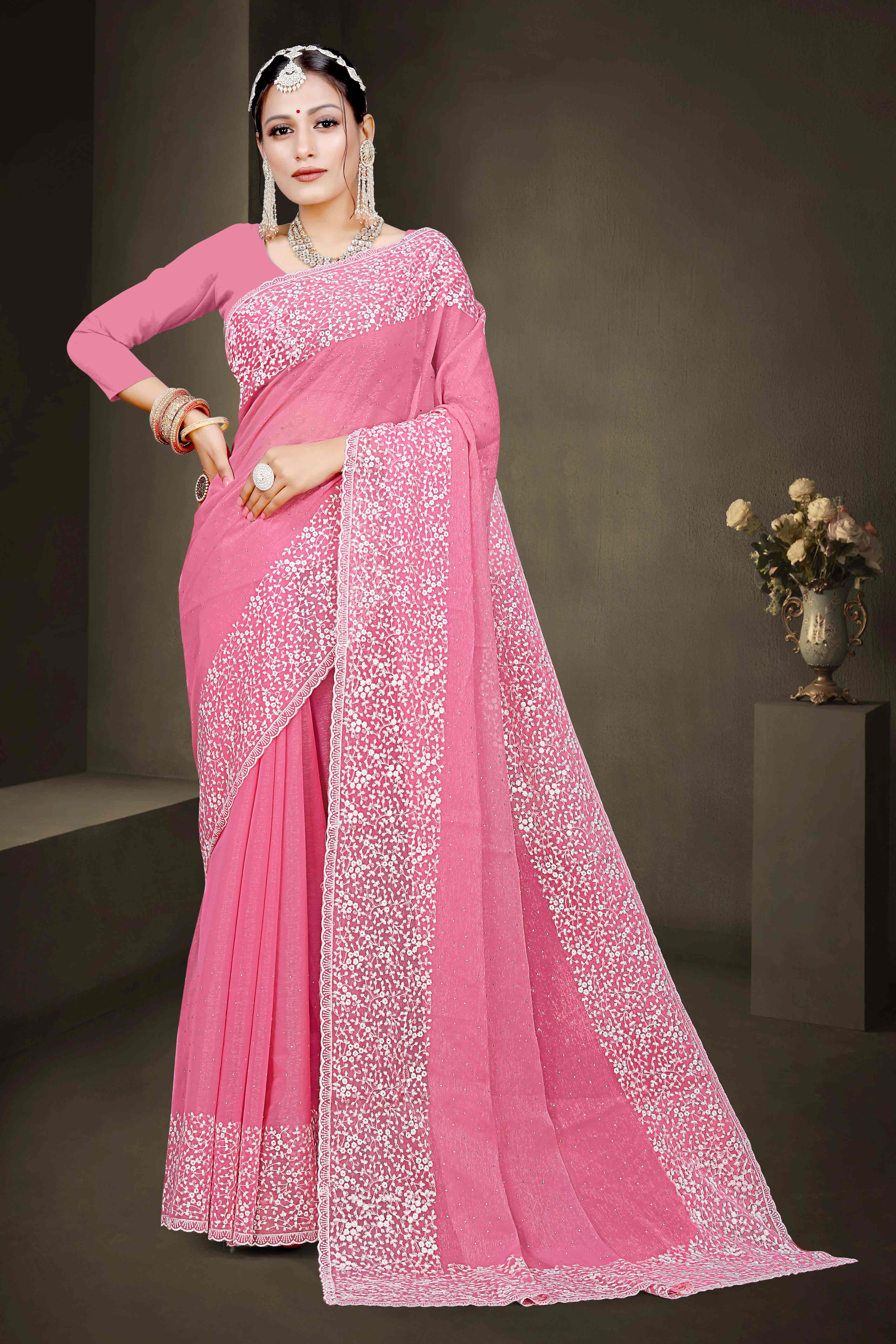 Pink Floral Embroidery With Stonework Chiffon Shimmer Saree