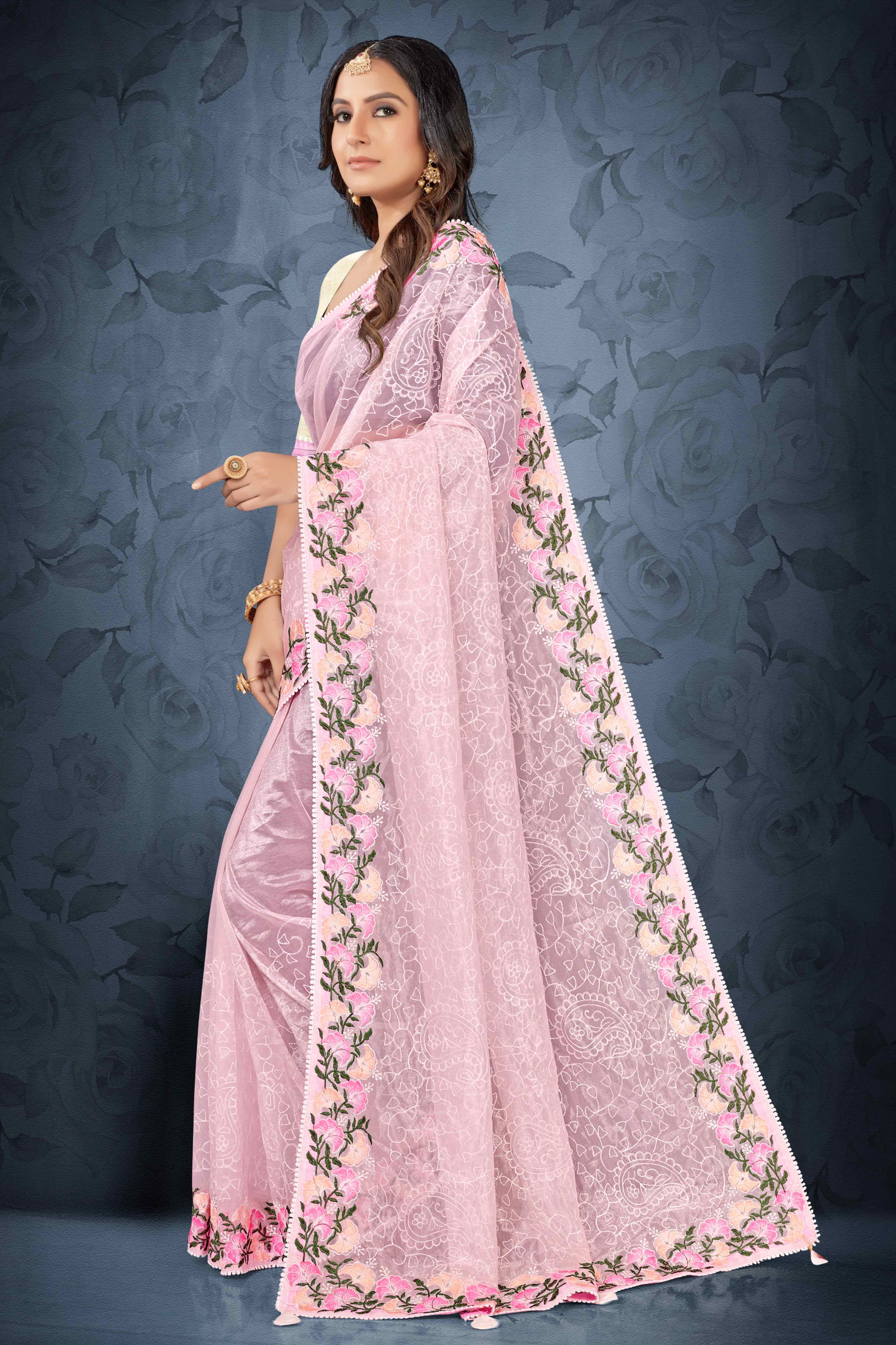 Pink Floral Embroidered Net Saree With Tassels