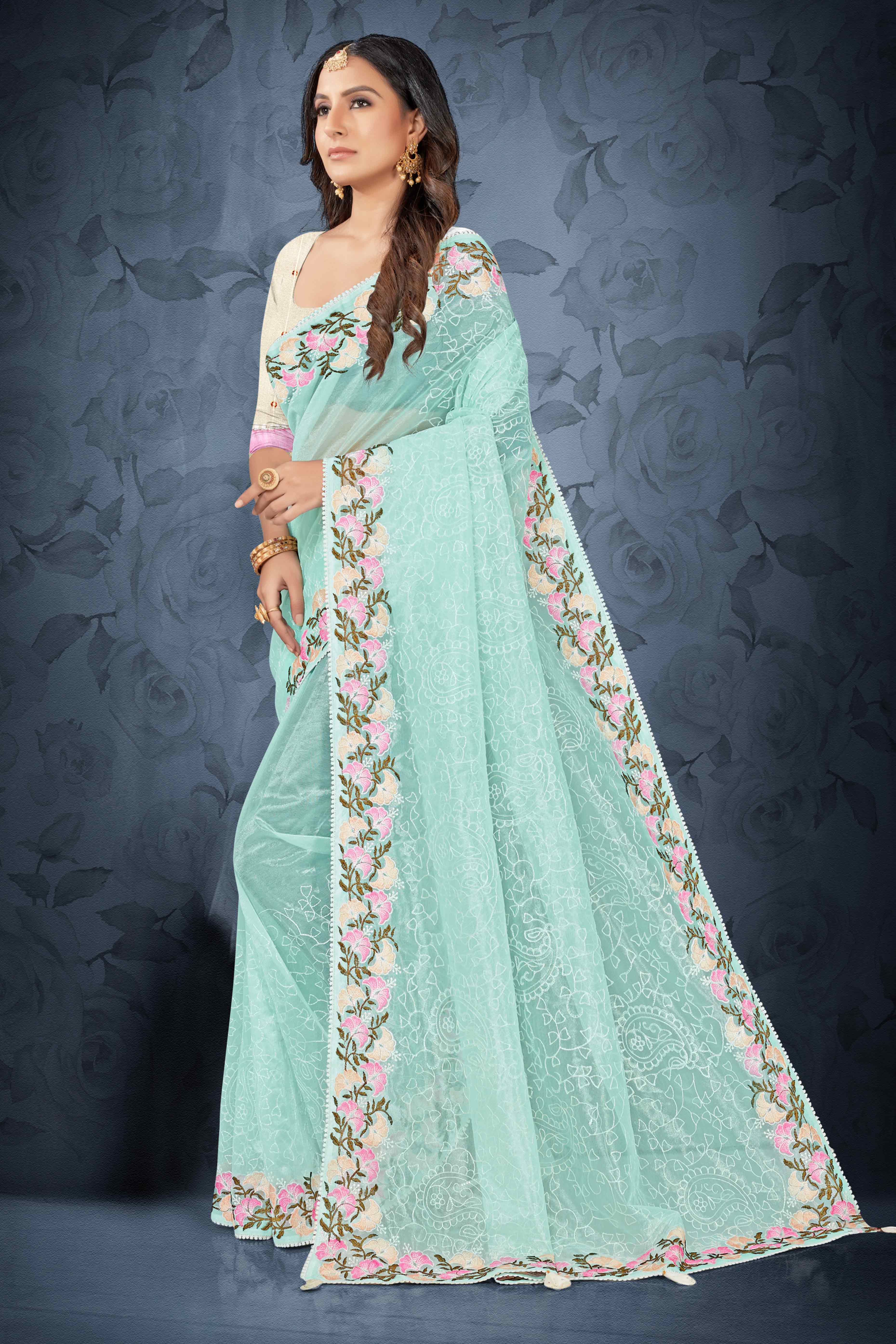 Blue Floral Embroidered Net Saree With Tassels