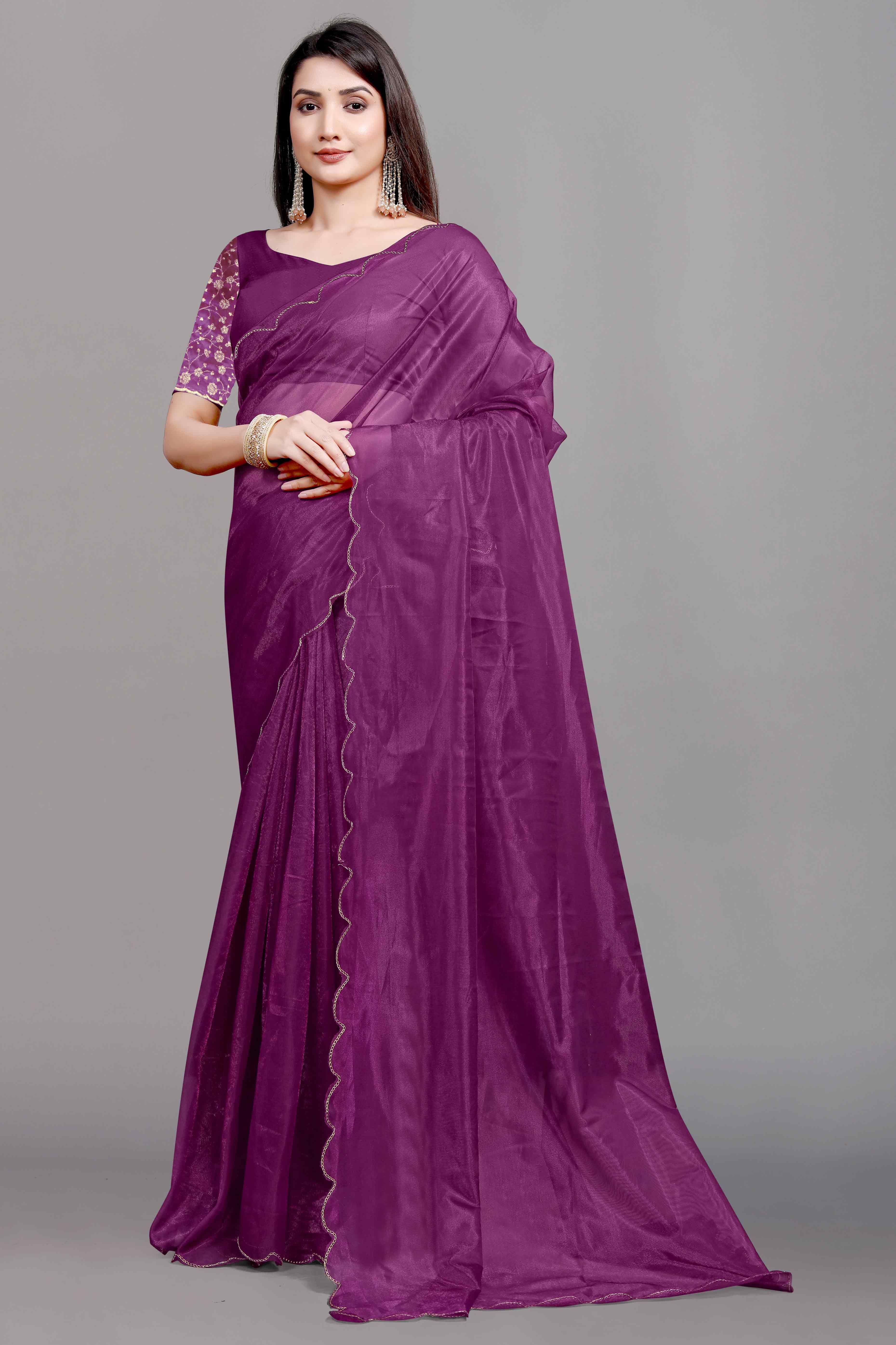 Wine Solid Net Saree With Zari Border