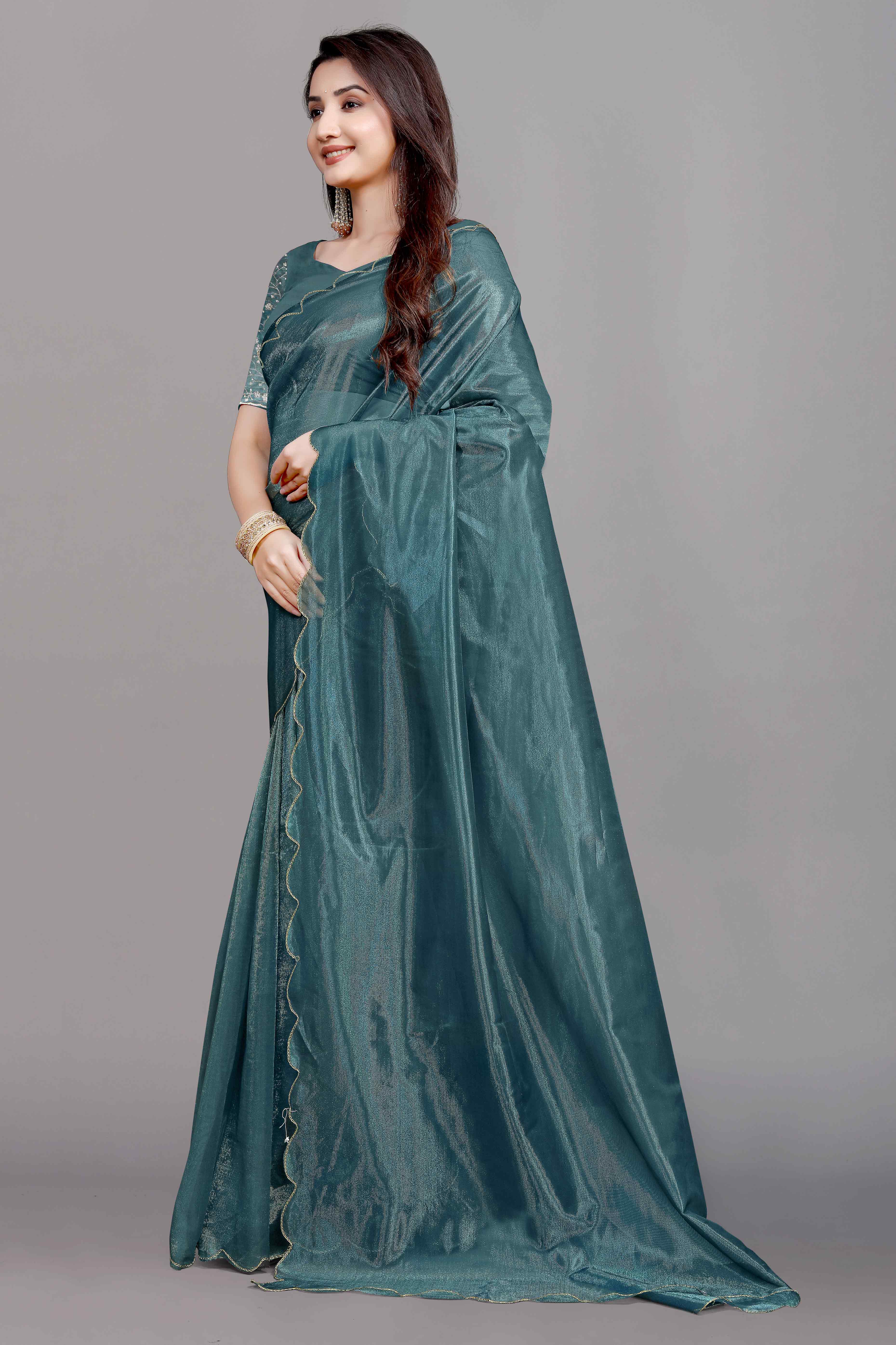 Teal Solid Net Saree With Zari Border