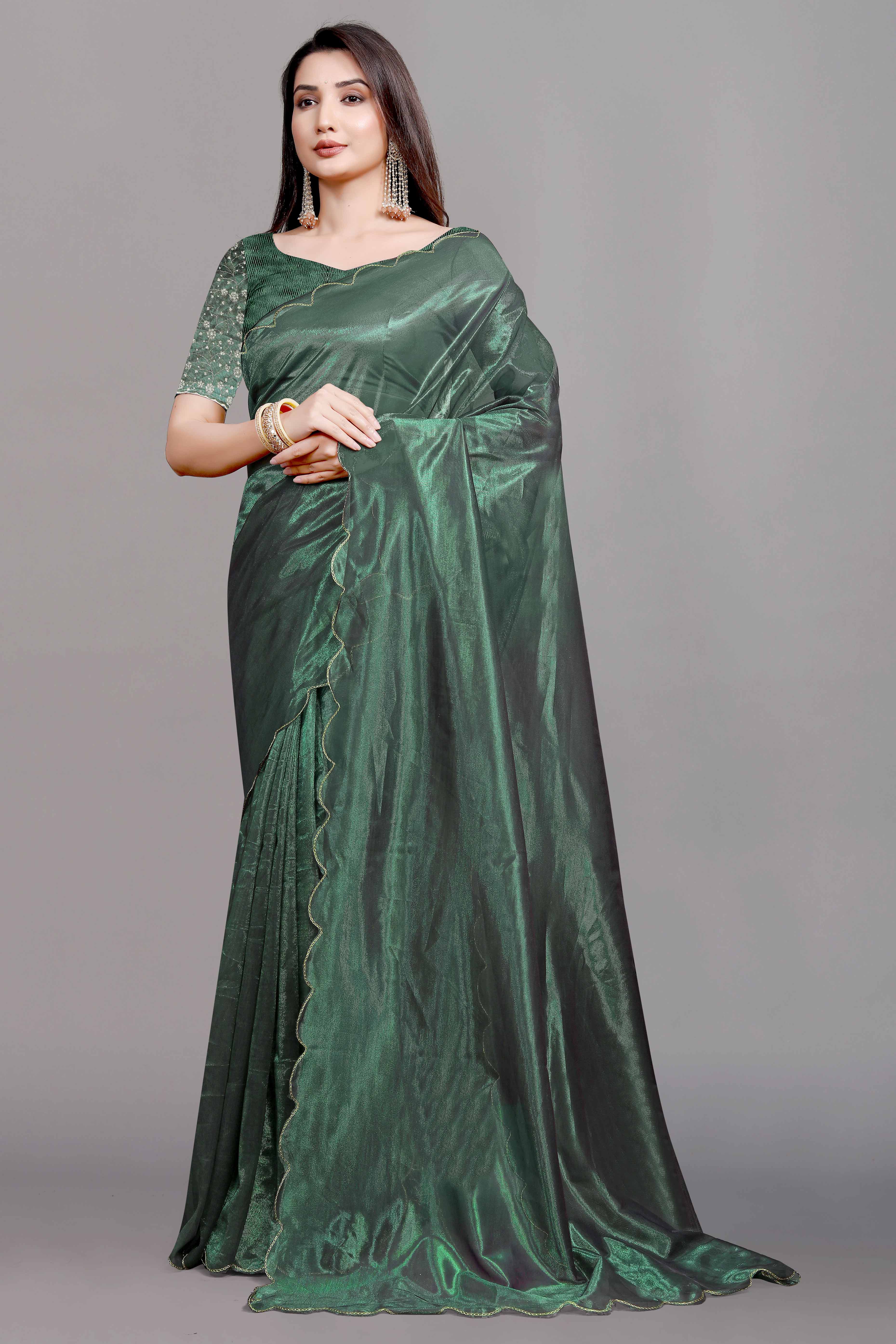 Green Solid Net Saree With Zari Border