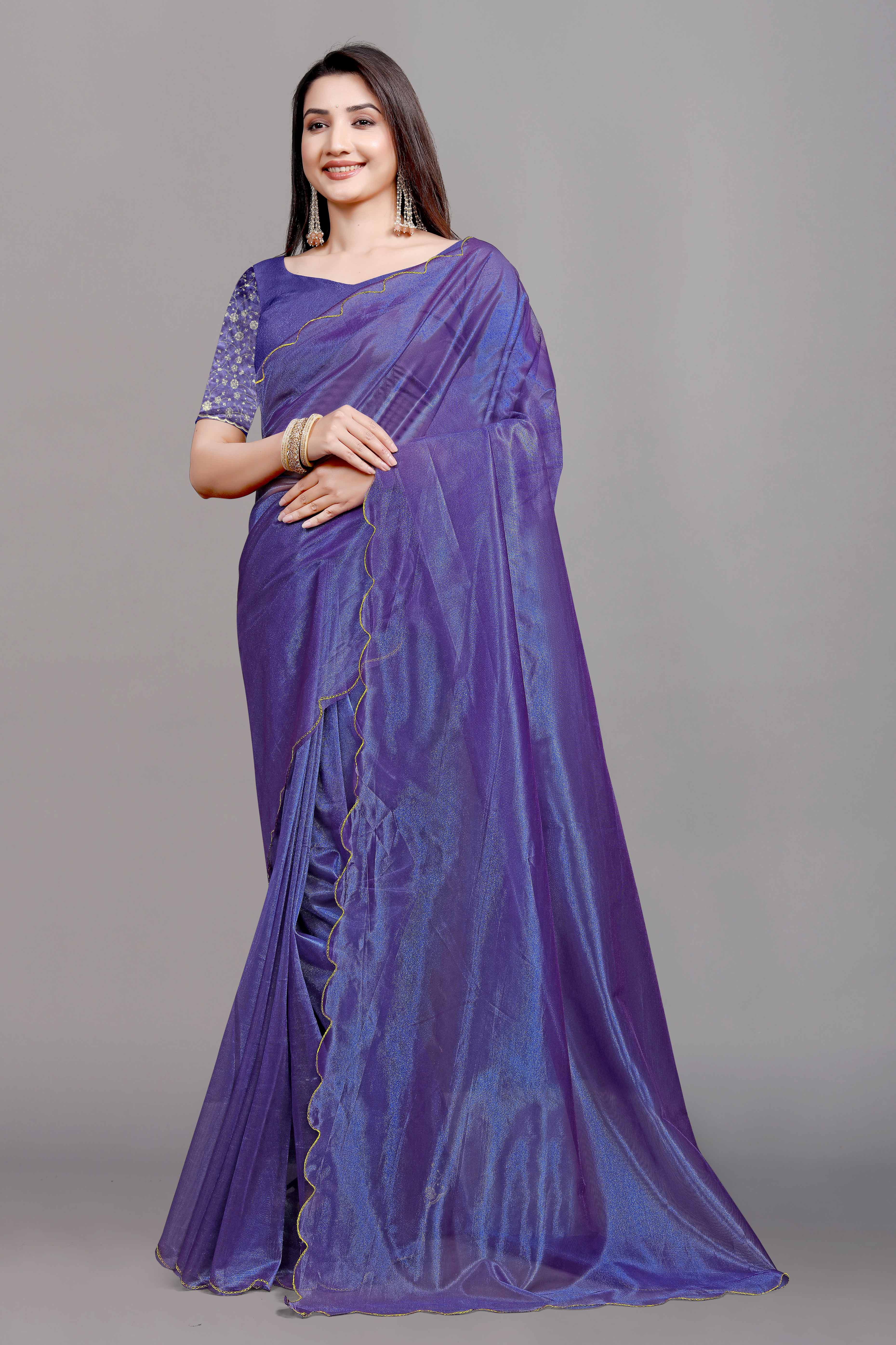 Purple Solid Net Saree With Zari Border