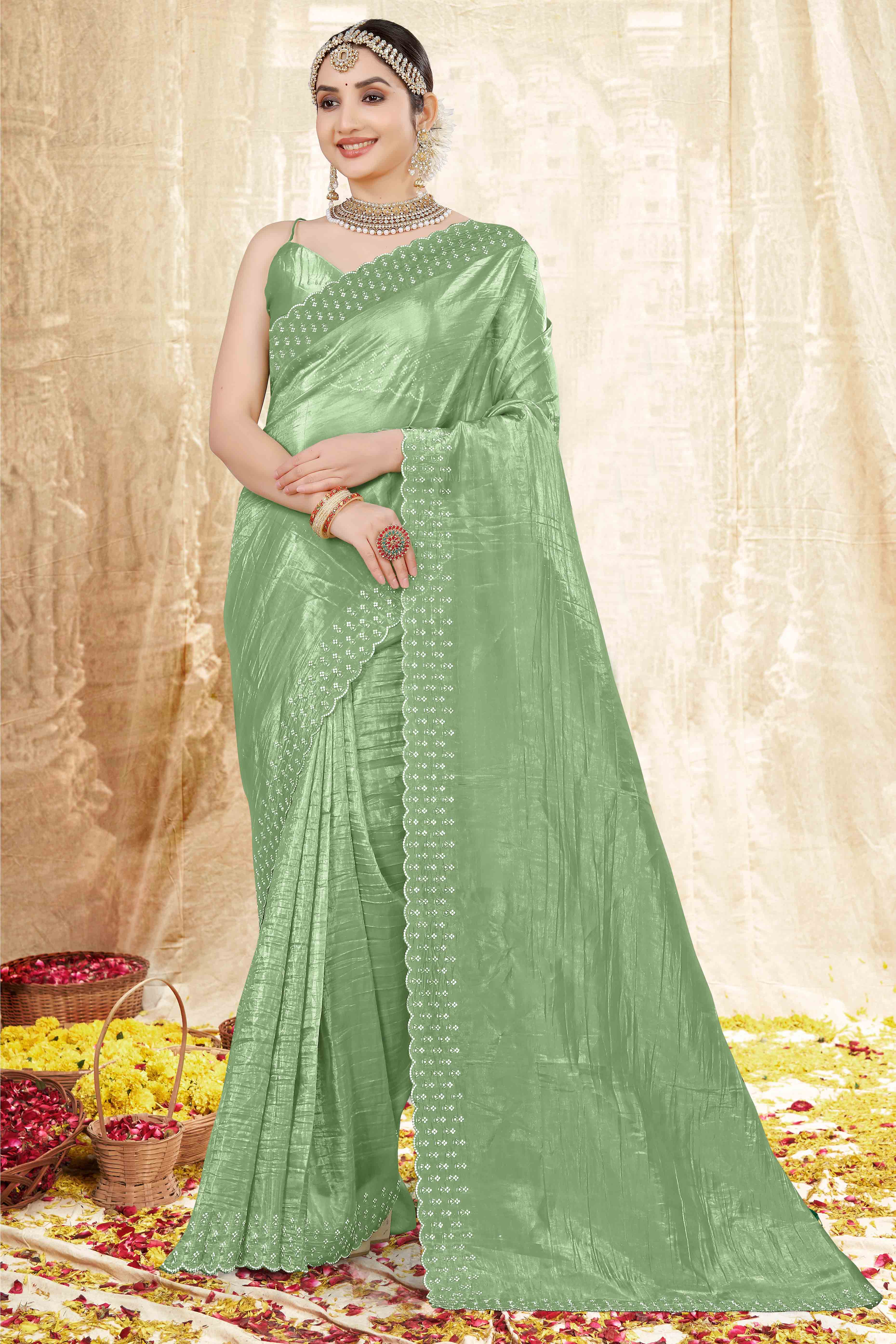 Green Zarkan Diamond Work Tissue Gold Crush Saree