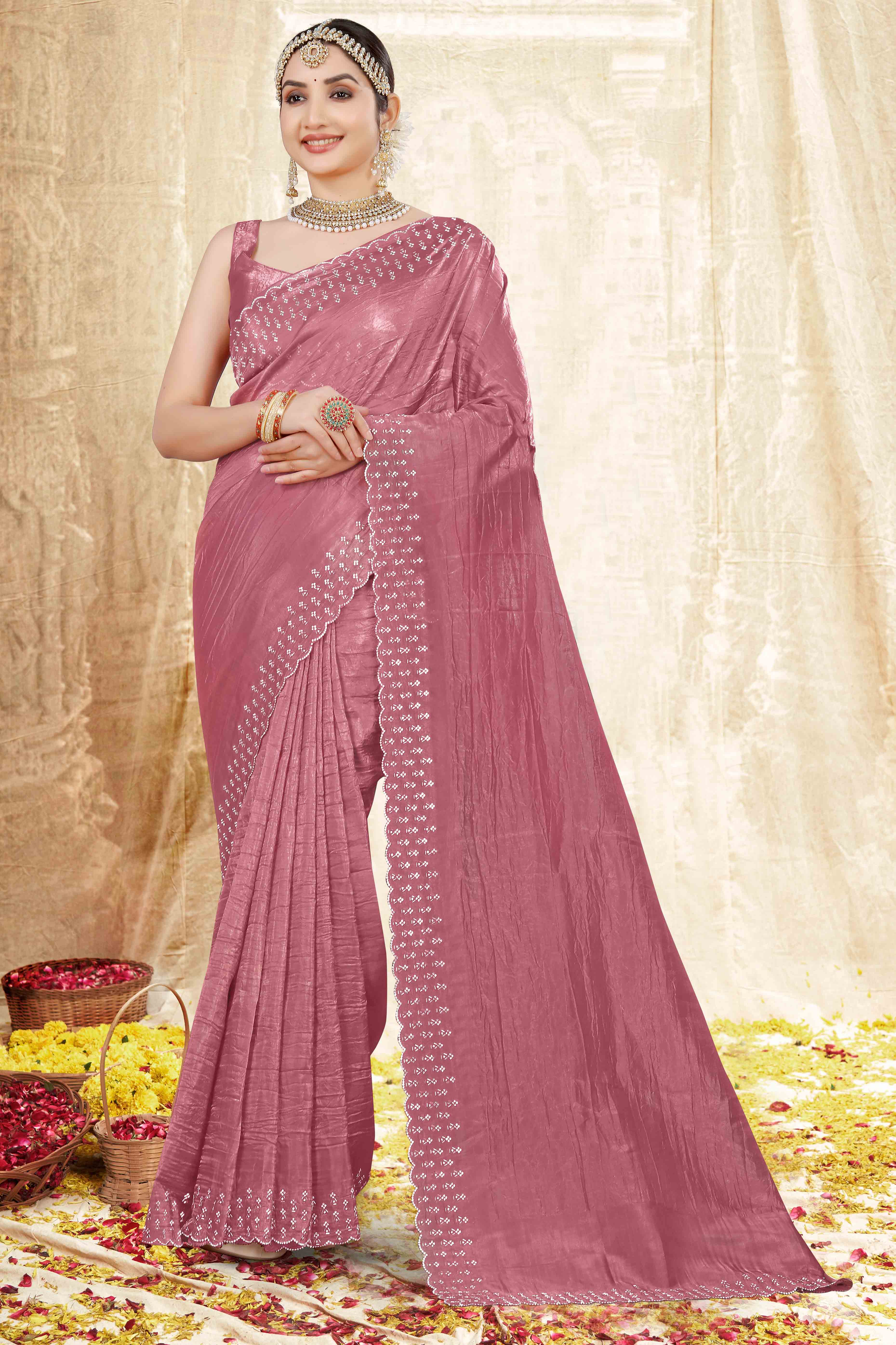 Dusty Pink Zarkan Diamond Work Tissue Gold Crush Saree