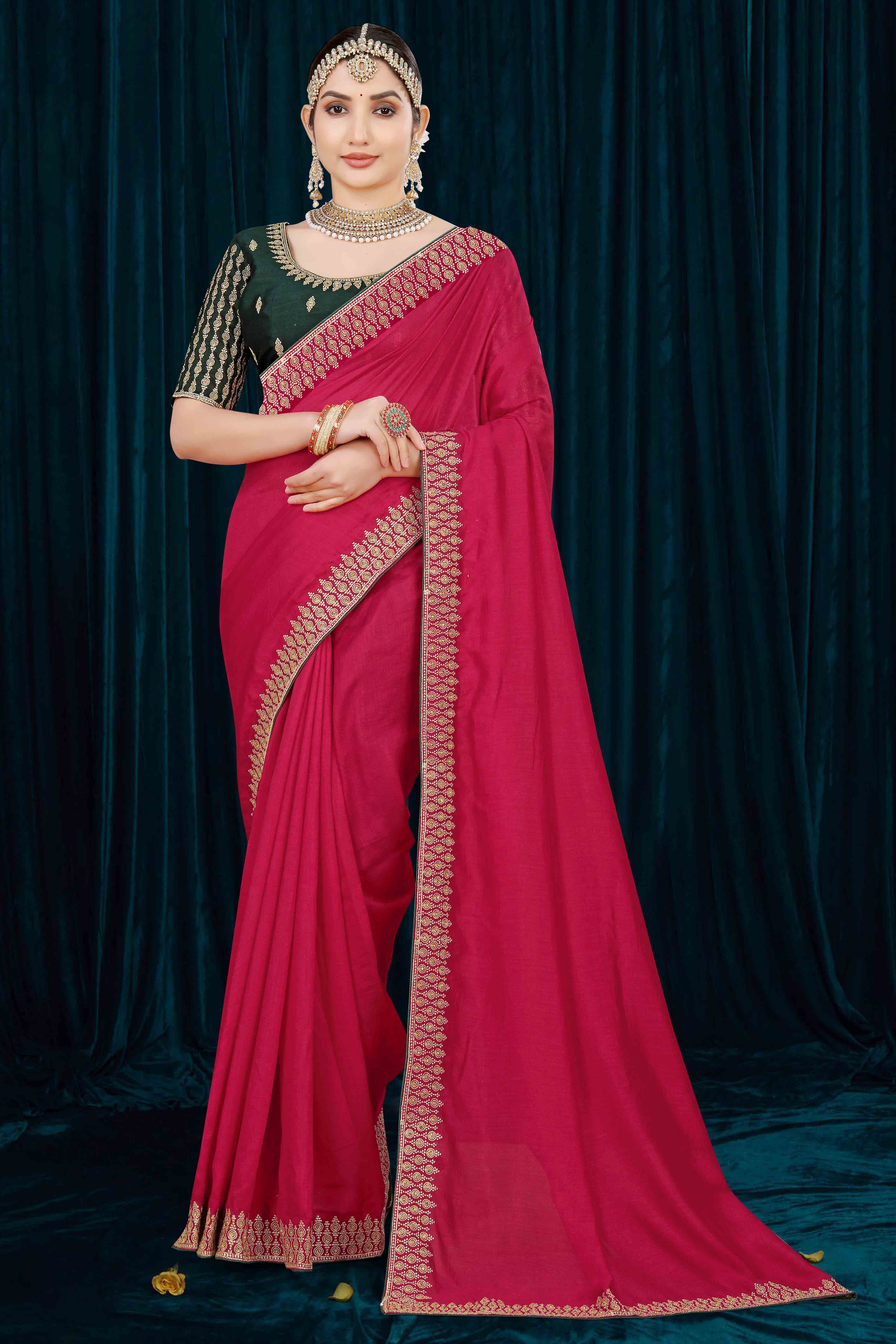 Pink Solid With Zari Embroidered Vichitra Silk Saree
