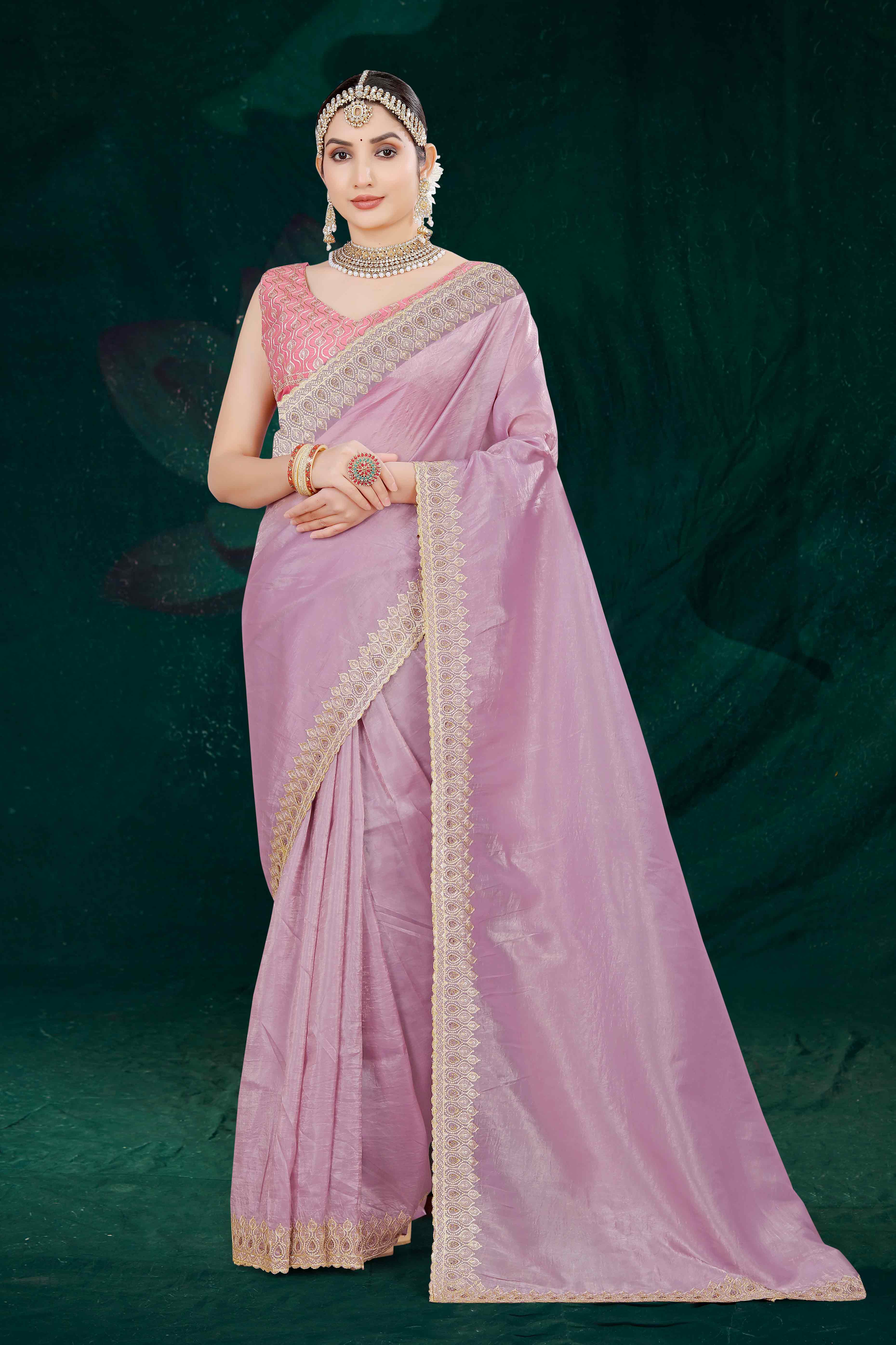 Onion Pink Solid With Swarovski Work Tissue Gold Crush Saree
