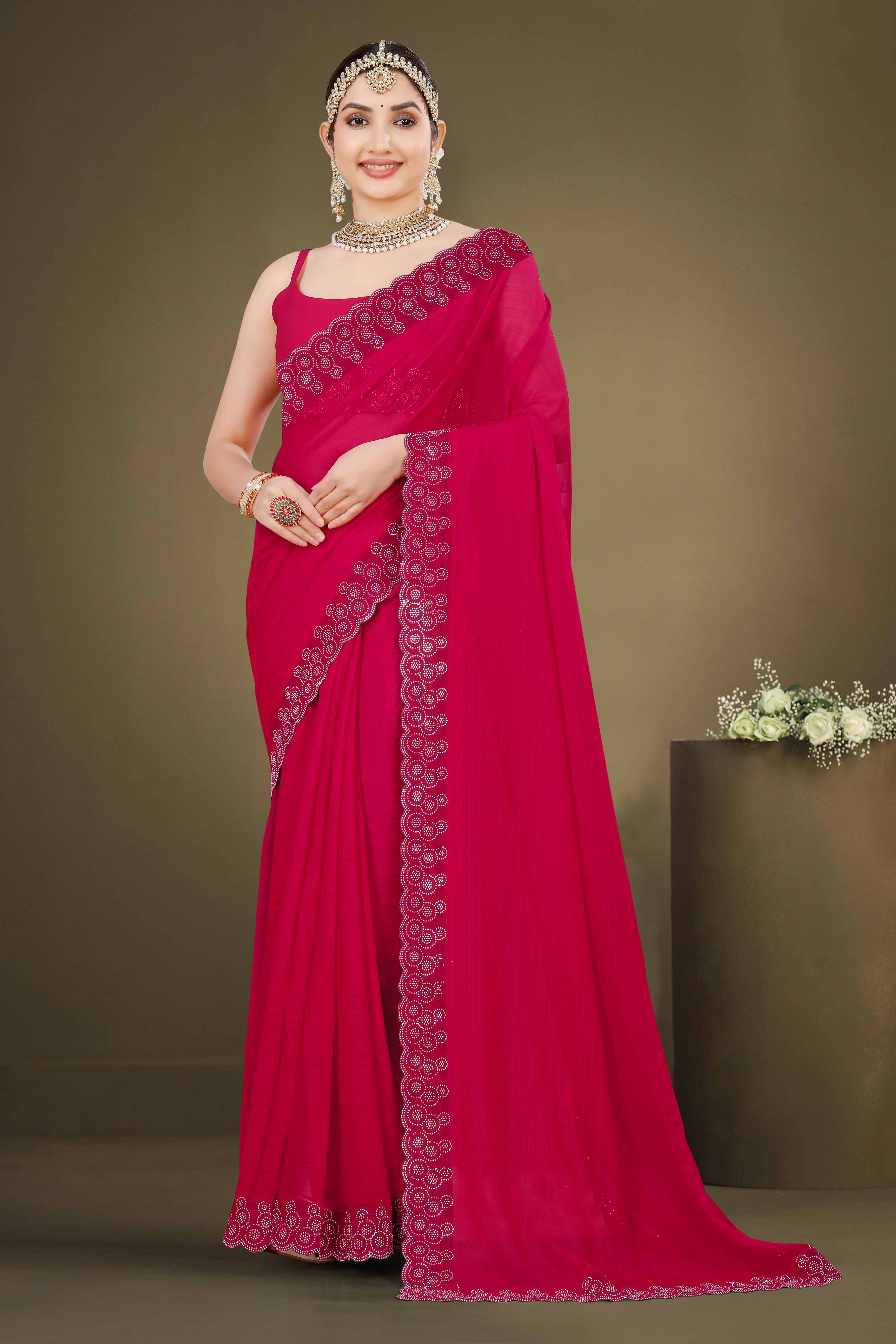 Rani Pink Solid With Swarovski Work Chiffon Saree