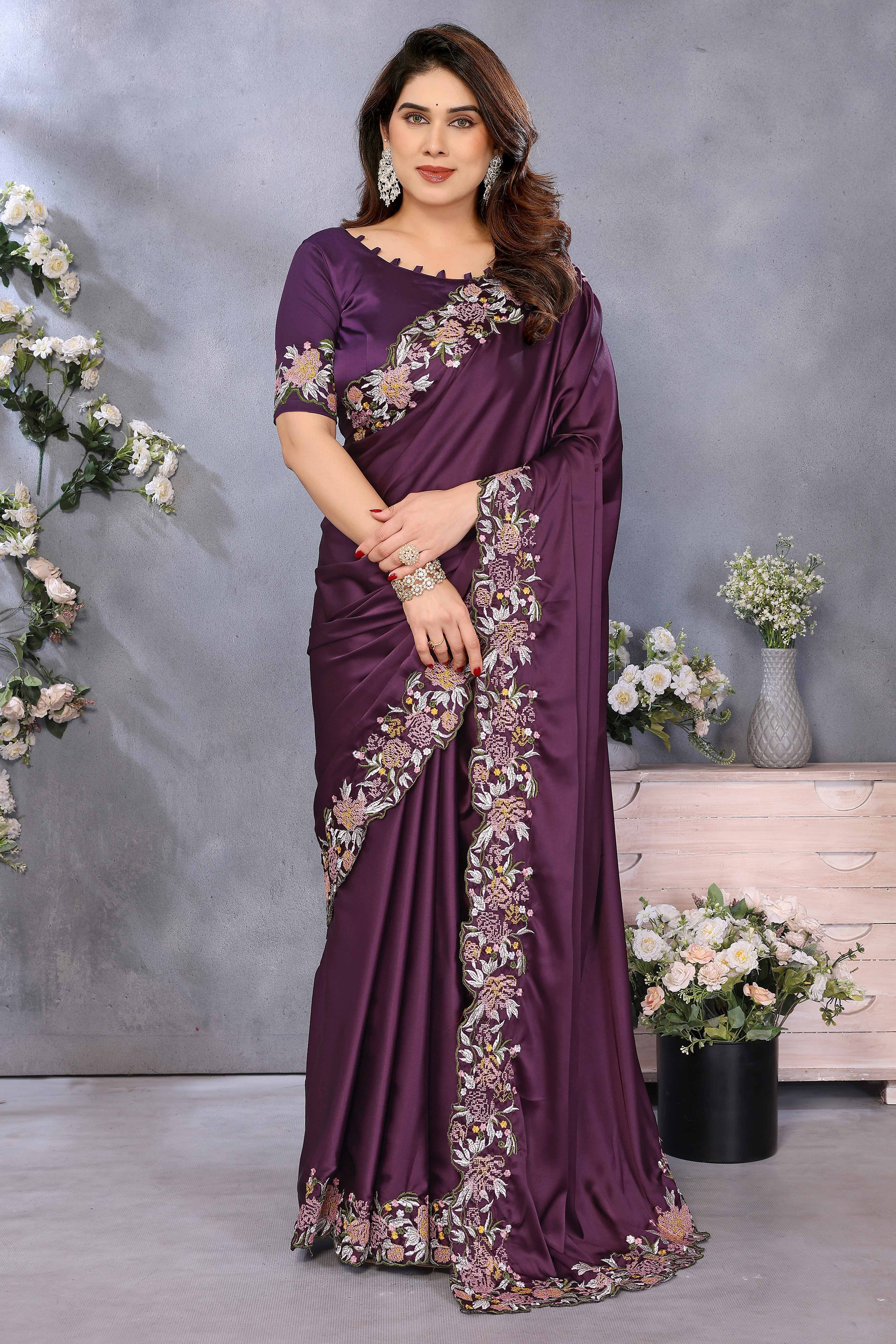 Deep Wine Satin Saree Featuring Floral Embroidery and Elegant Resham Thread Work