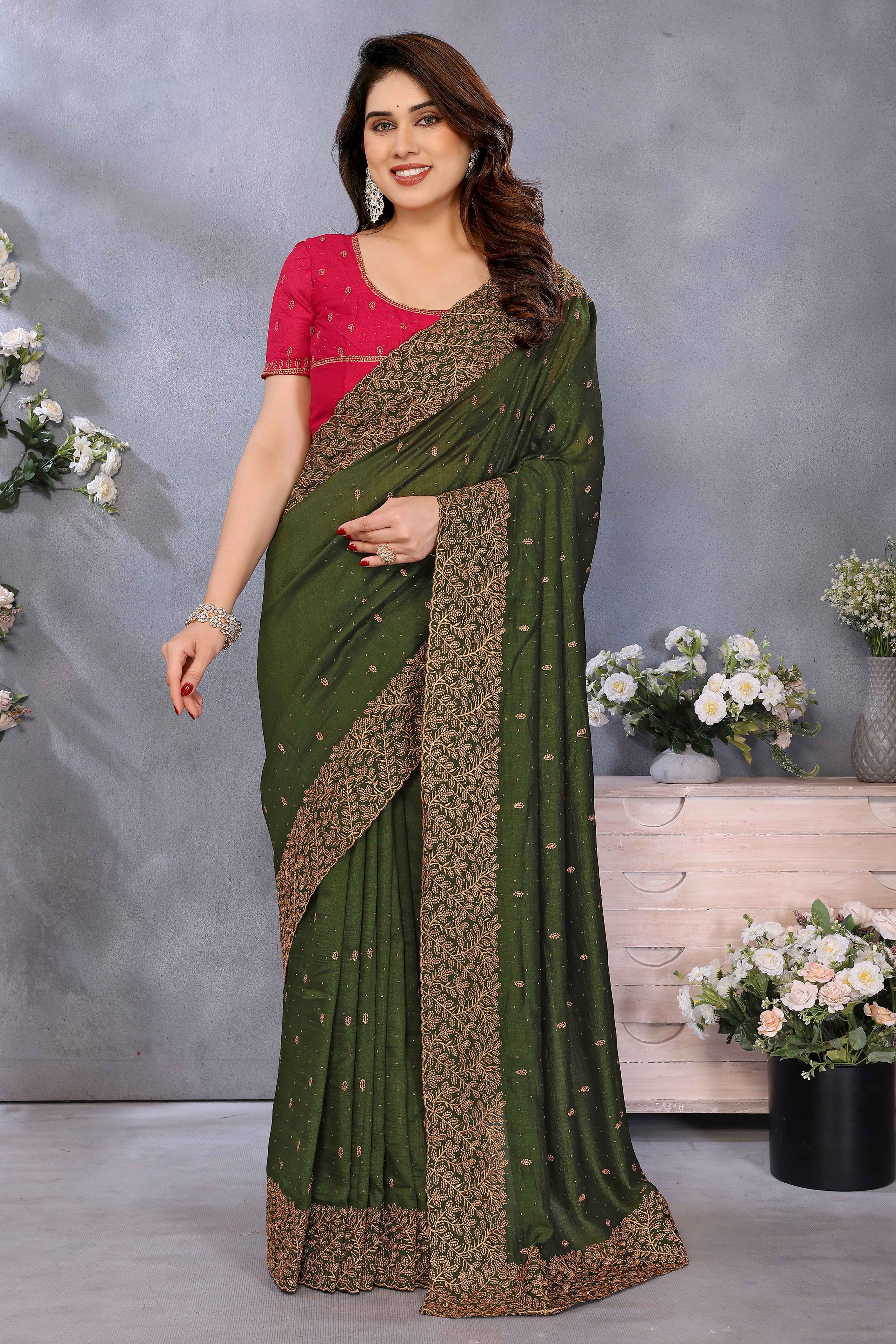 Mehendi Green Vichitra Silk Saree with Zari Embroidery and Stone Work