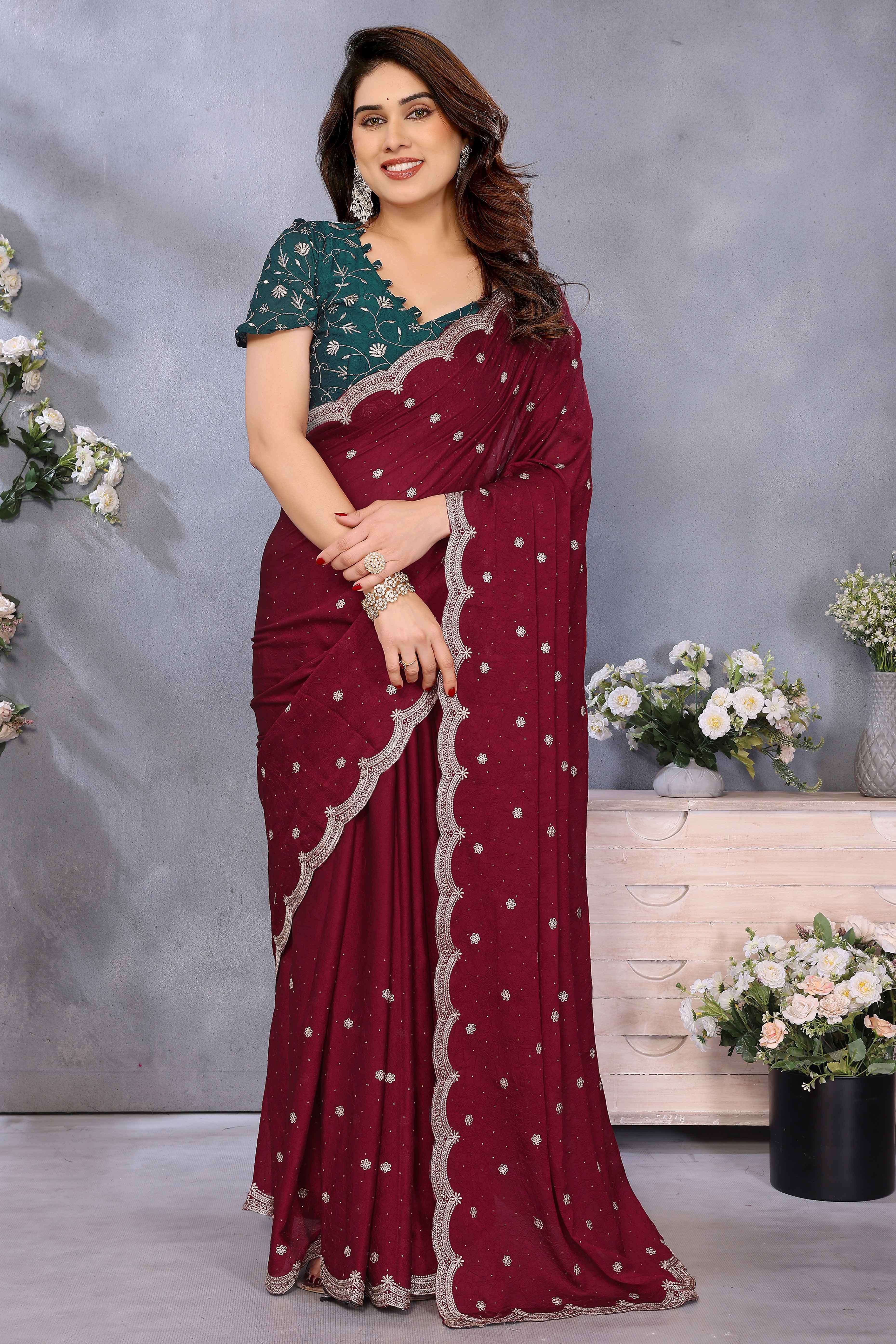 Elegant Wine Silk Blend Saree with Opulent Zari Embroidery and Sparkling Stone Work