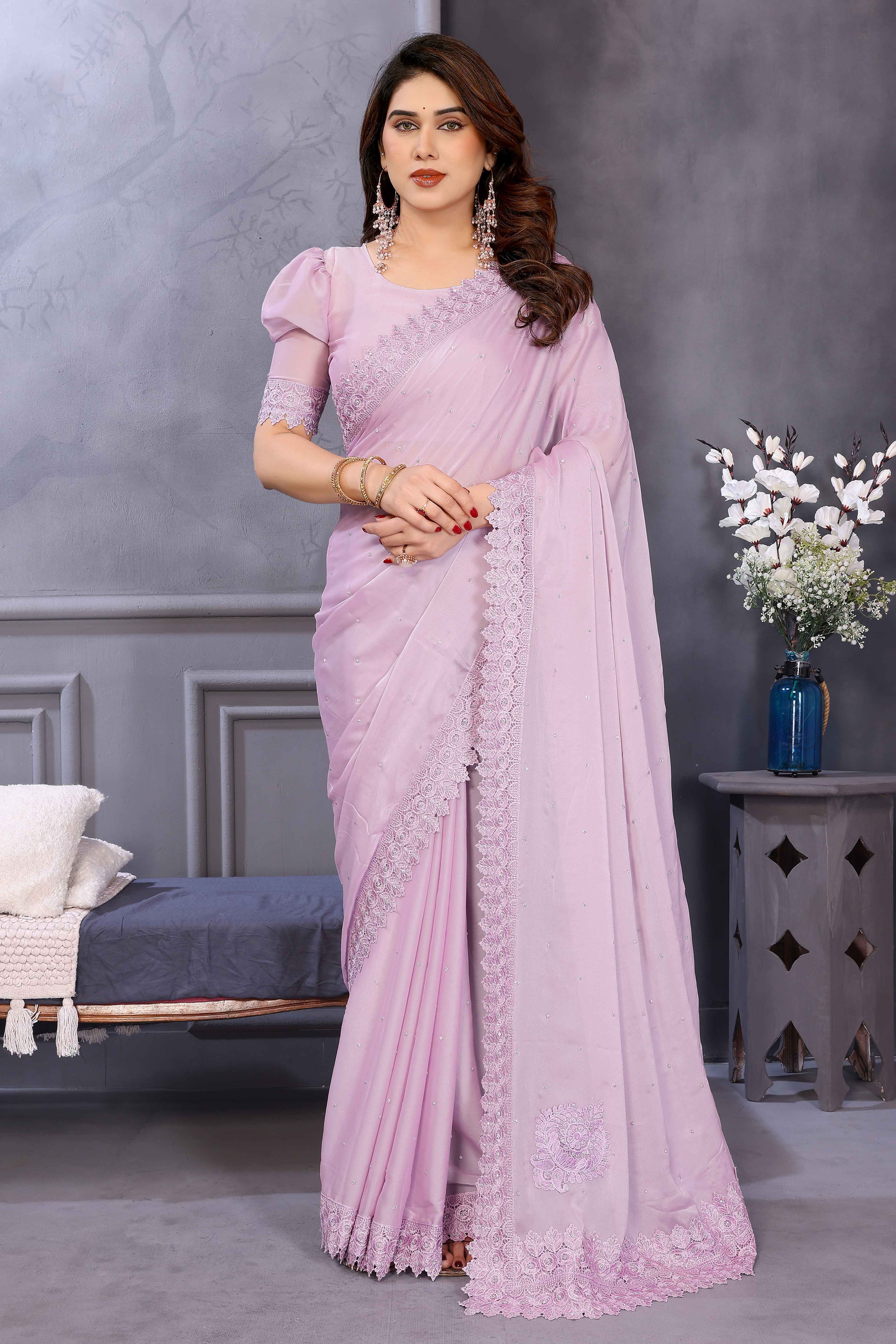 Lilac Purple Silk Blend Saree Adorned with Chemical Lace Edging and Dazzling Stone Accents