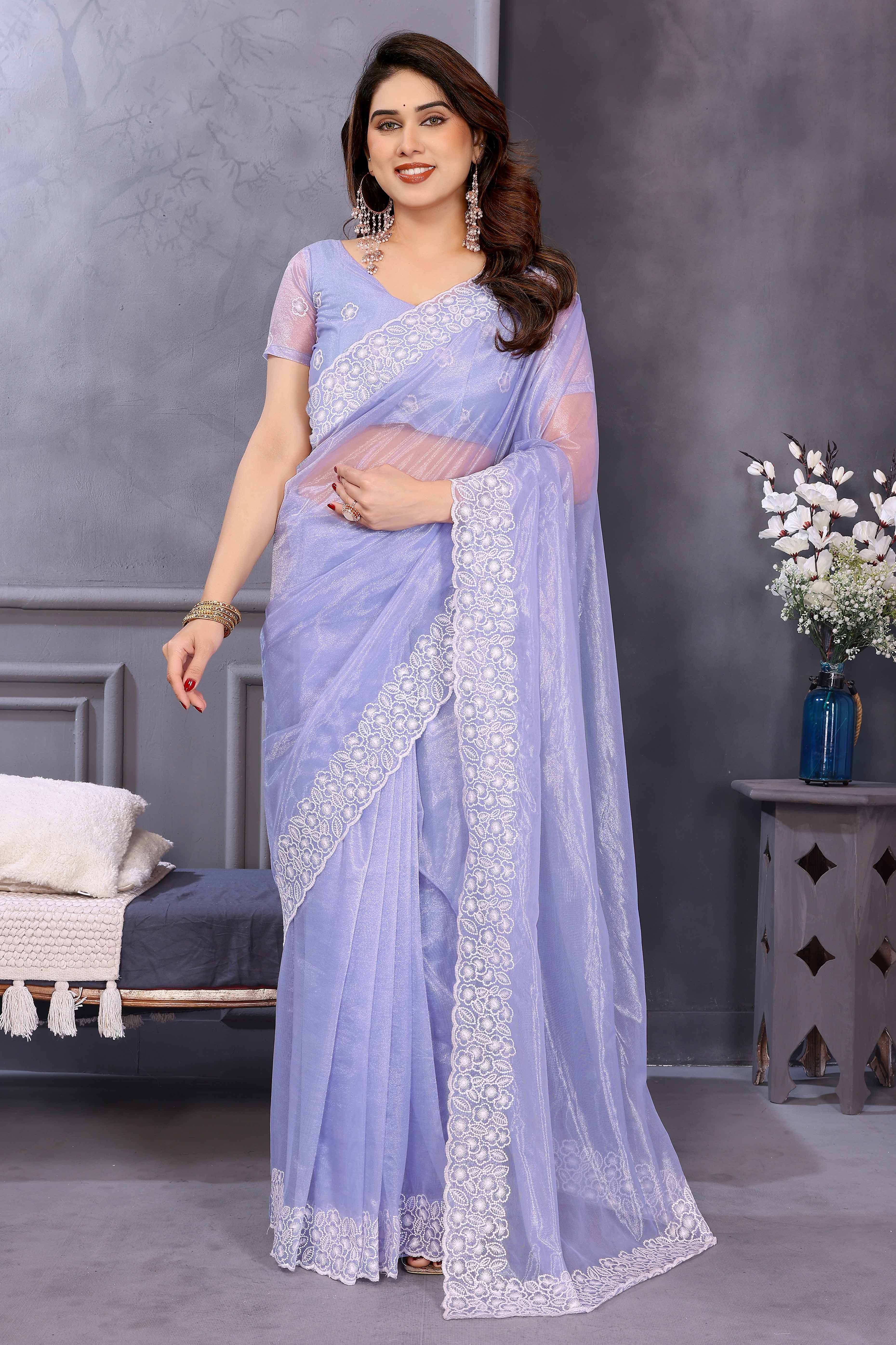 Lavender Net Saree with Solid Pattern and Embroidered Border for a Romantic and Light Occasion Look