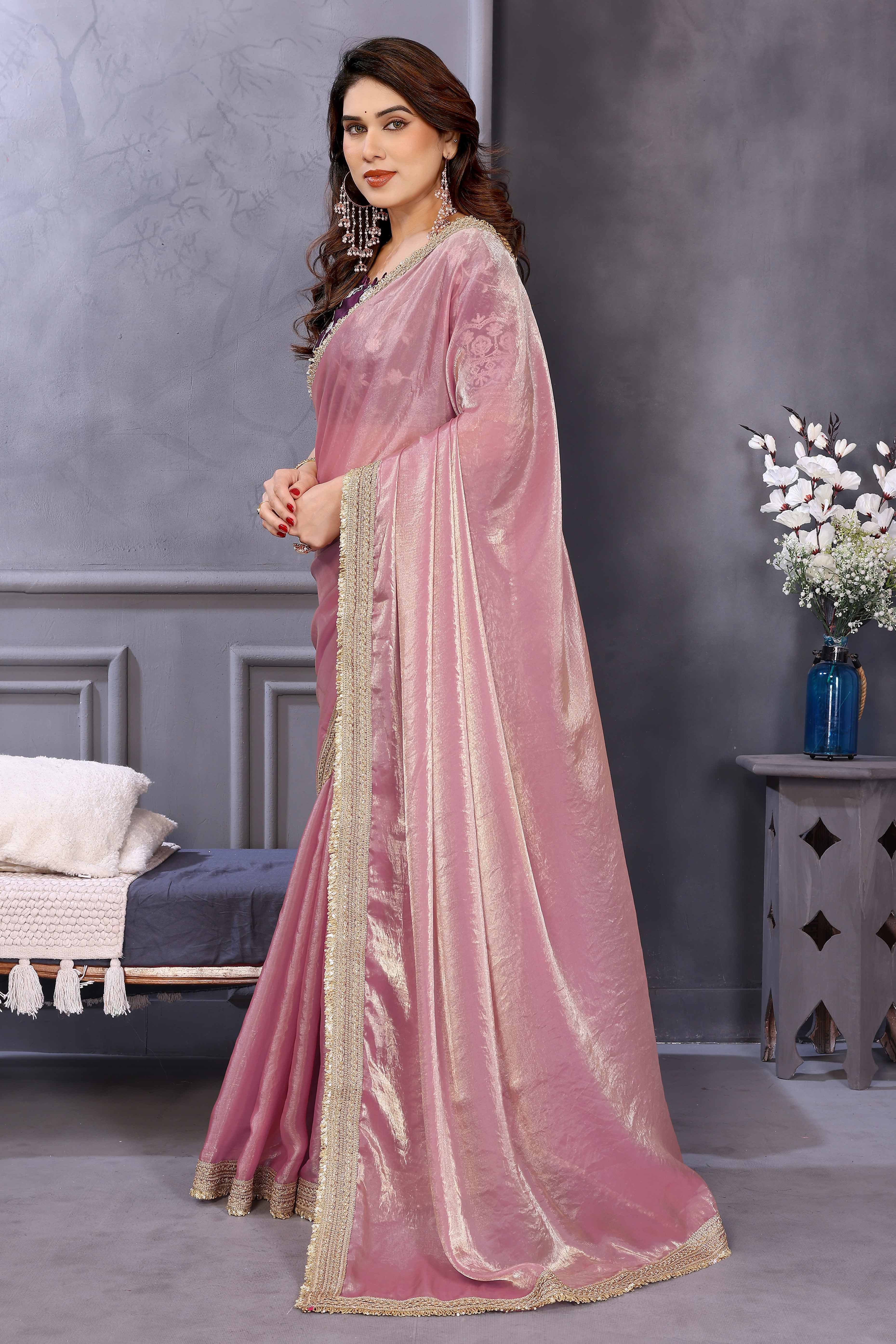 Pink Satin Saree with Solid Finish and Stylish Lace Embellished Border – Feminine and Festive