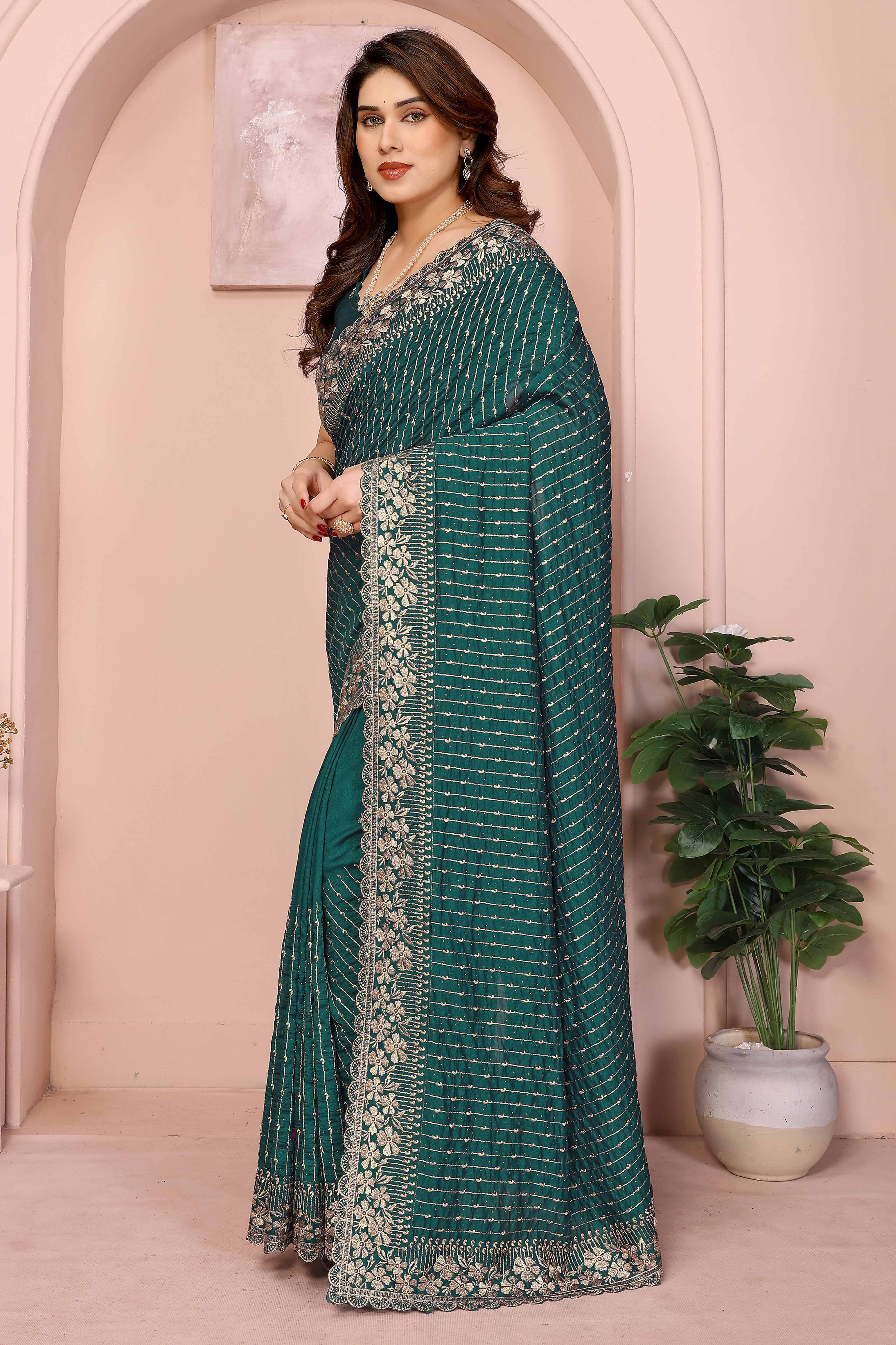 Morpich Green Vichitra Silk Saree with Heavy Embroidery and Sparkling Swarovski Work