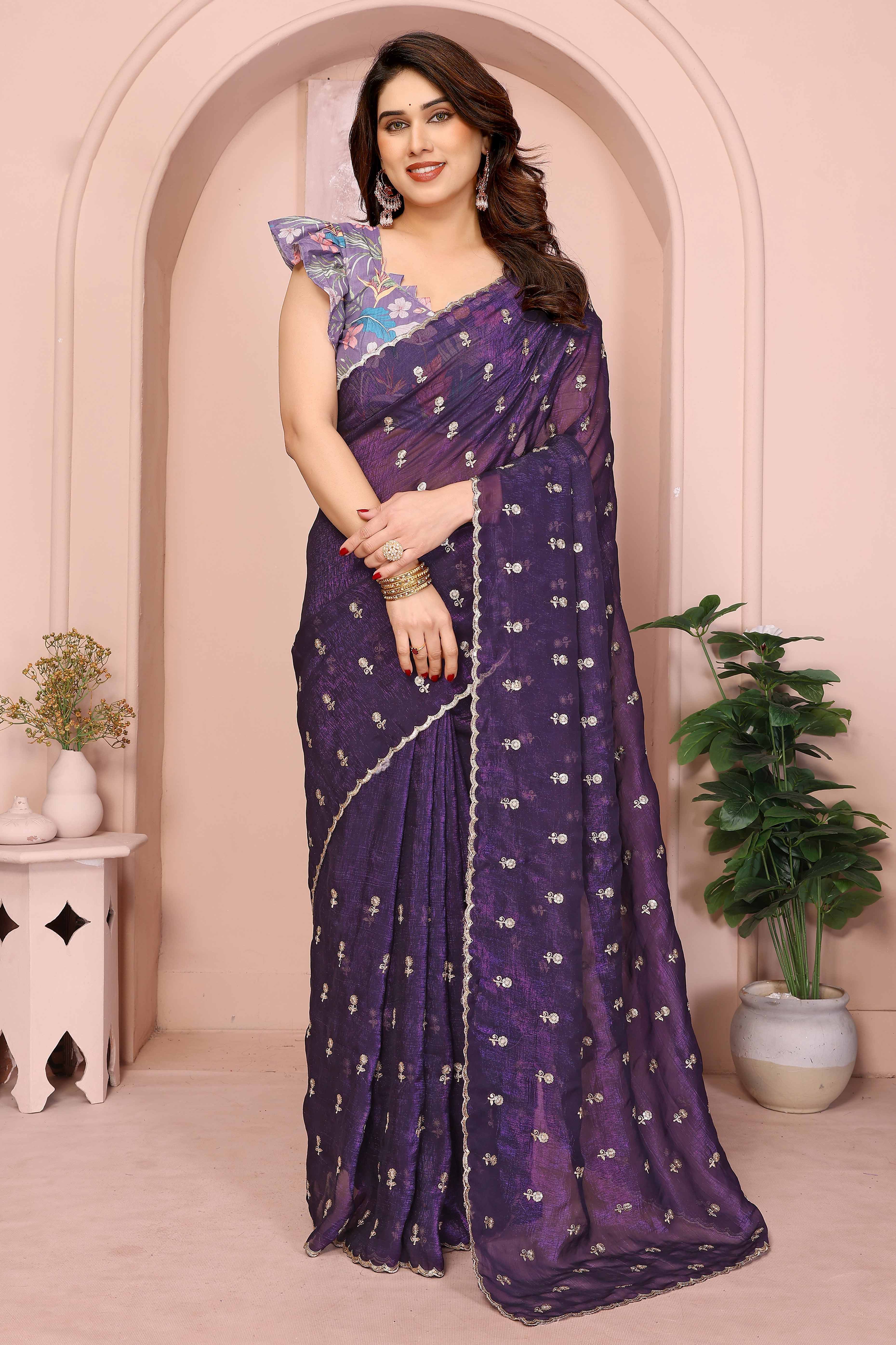Rich Purple Silk Blend Saree with Intricate Floral Sequins Embroidery – A Glamorous Statement Piece