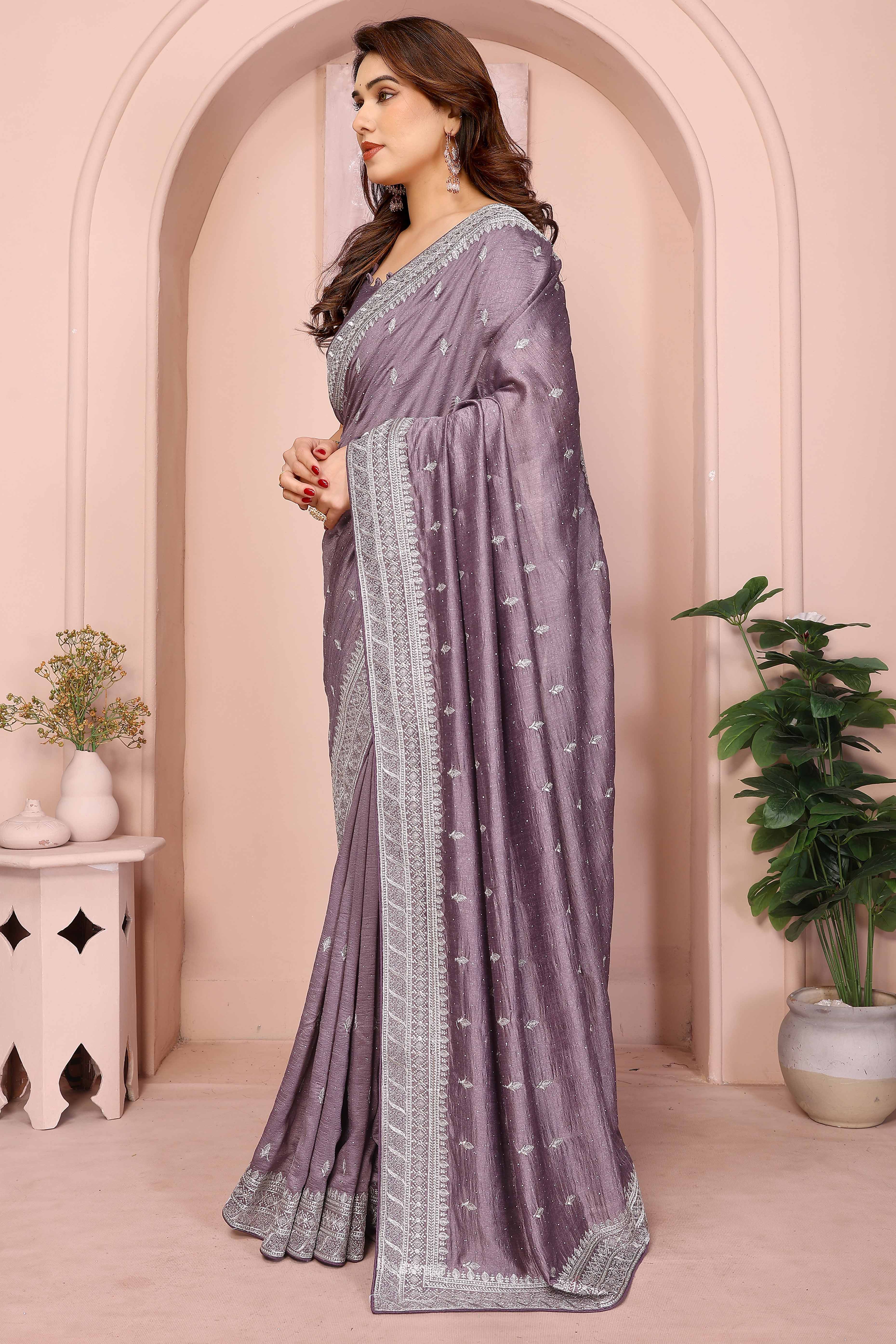 Lavender Vichitra Silk Saree with Traditional Zari Embroidery and Elegant Stone Work